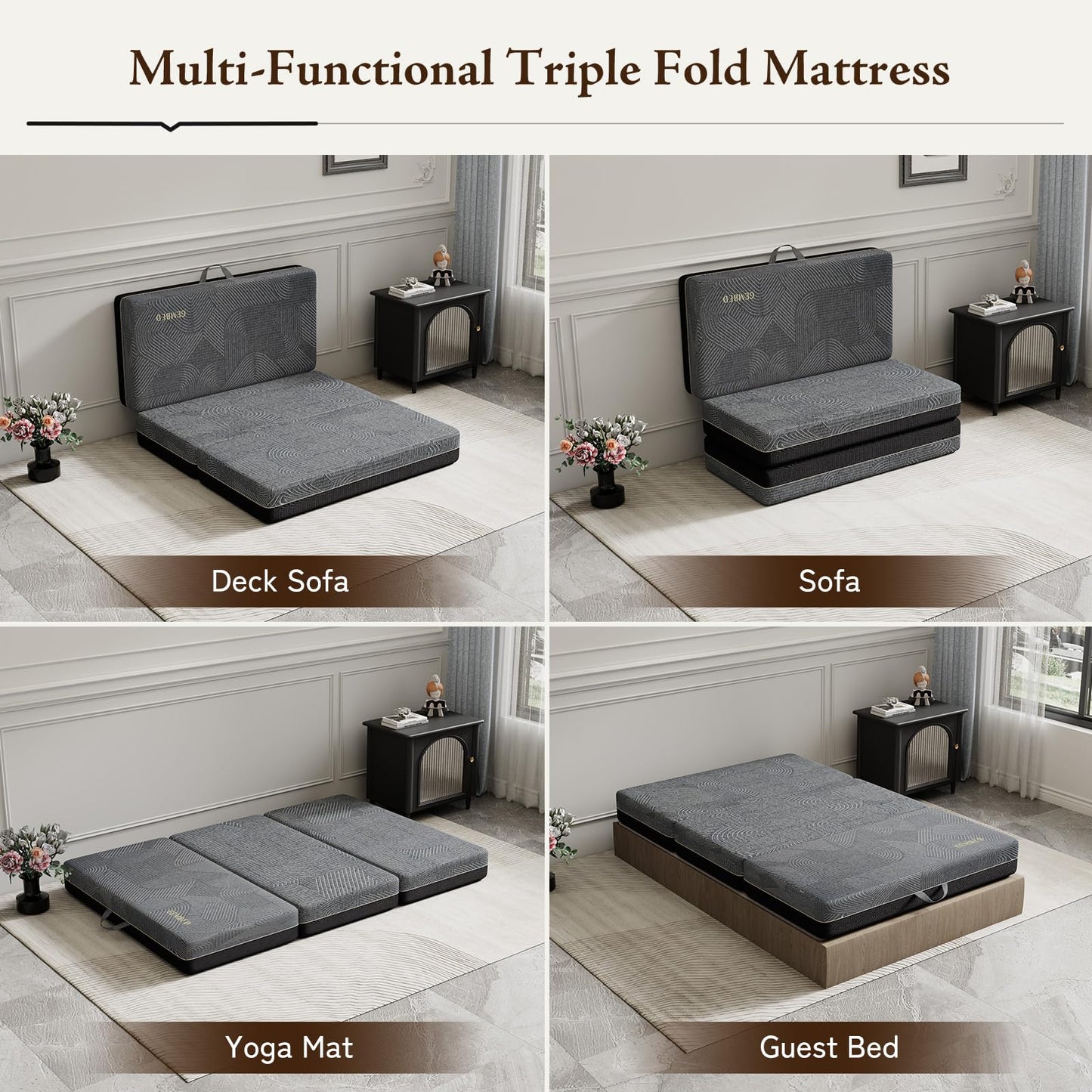 GEMBED Tri Folding Mattress Twin Size - Memory Foam Tri-fold Mattress, Handle & Non-Slip Bottom, Portable Foldable Sofa Bed Floor Chair for Travel RV Camping Guest Yoga - 6 Inch, 75"x38"x6"