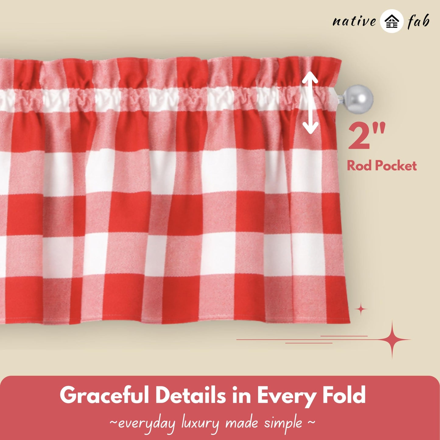 Native Fab Red Buffalo Plaid Window Curtain Set, 3 Piece Cotton Tier and Valance, 2 Tiers 26x36 Inch and Valance 54x18 Inch, Rod Pocket Curtains for Kitchen, Dining, Living Room, Red White