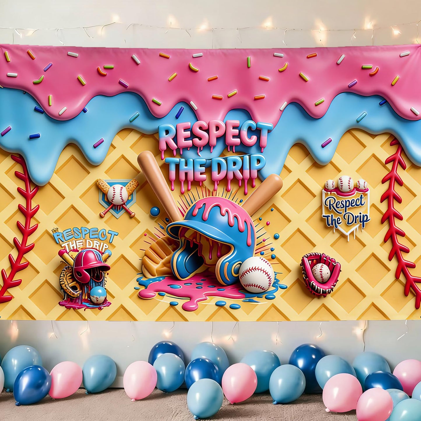 Ice Cream Drip Baseball Birthday Party Decoration 3D Visual Effect Baseball Ice Cream Drip Theme Banner Sports Party Hanging Photo Supplies for Summer Party Gathering Decorations