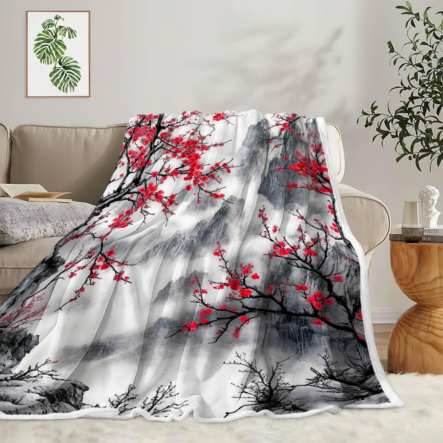 DYNH Japanese Cherry Blossom Throw Blanket, Asian Nature Landscape Mountain Cherry Branches Ink Painting Soft Warm Flannel Black White Grey Throw Blanket,50X60