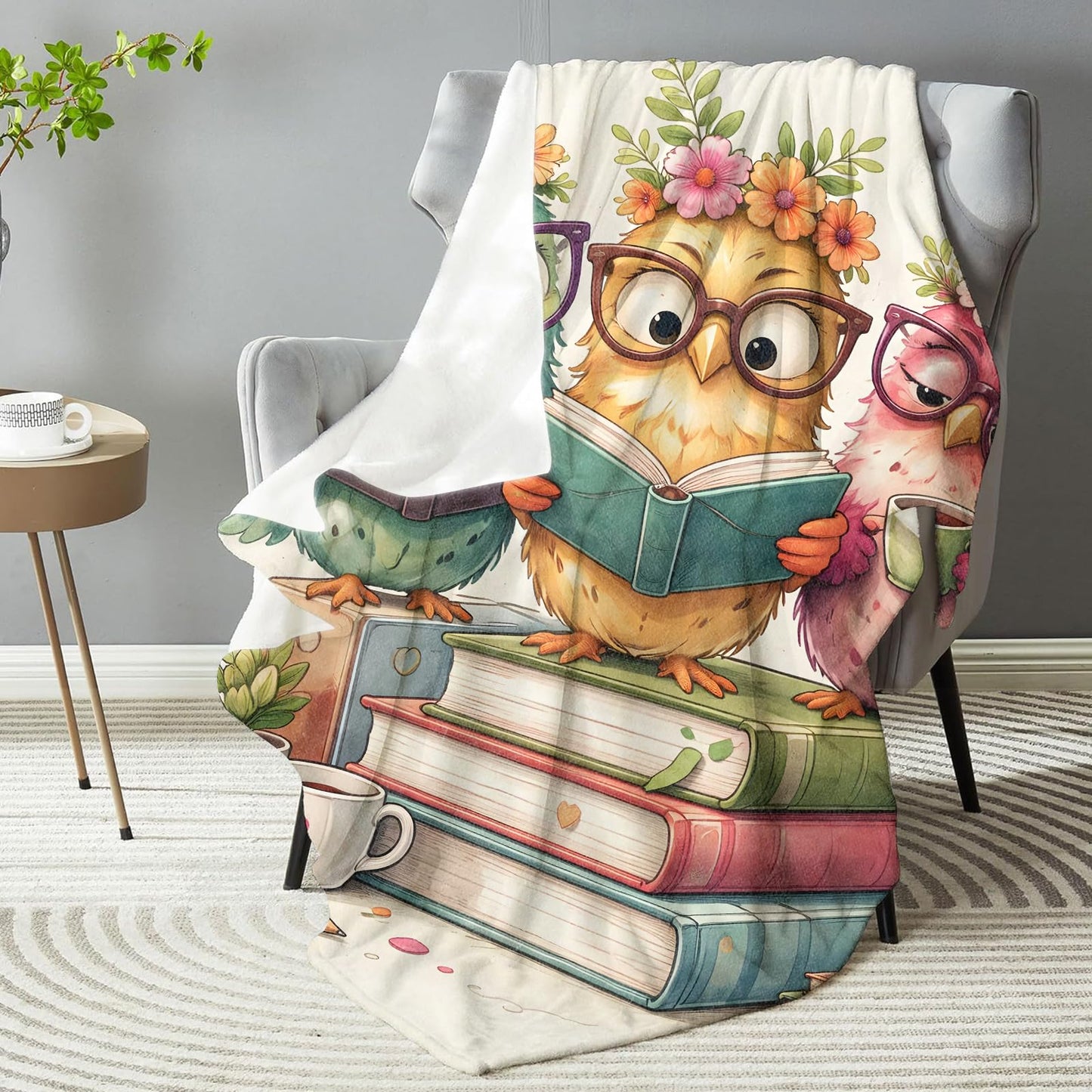 dhakalrlde Cute Owl Reading Books Blanket, Soft Cartoon Owls Book Lover Throw Adorable Animal Blanket Gifts for Boys Girls Kids, Lightweight Warm Cozy 60×50 inch Flannel for Couch, Travel, Bed, Decor