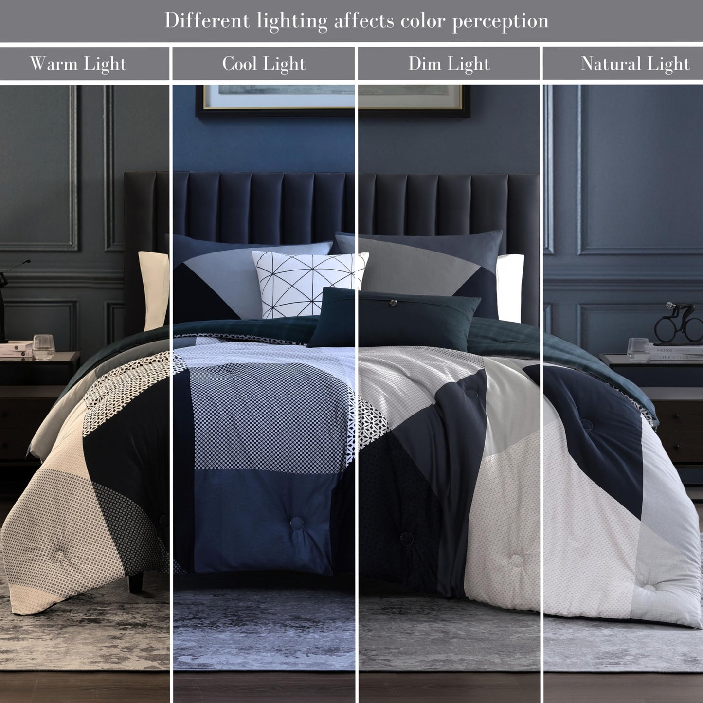 Bebejan Geo Fusion 5 Piece Comforter Set, 100% Cotton Sateen, 220 Thread Count, Patchwork Reversible Bedding Comforter Set, 1 Comforter, 2 Shams & 2 Pillows (King/Cal King)