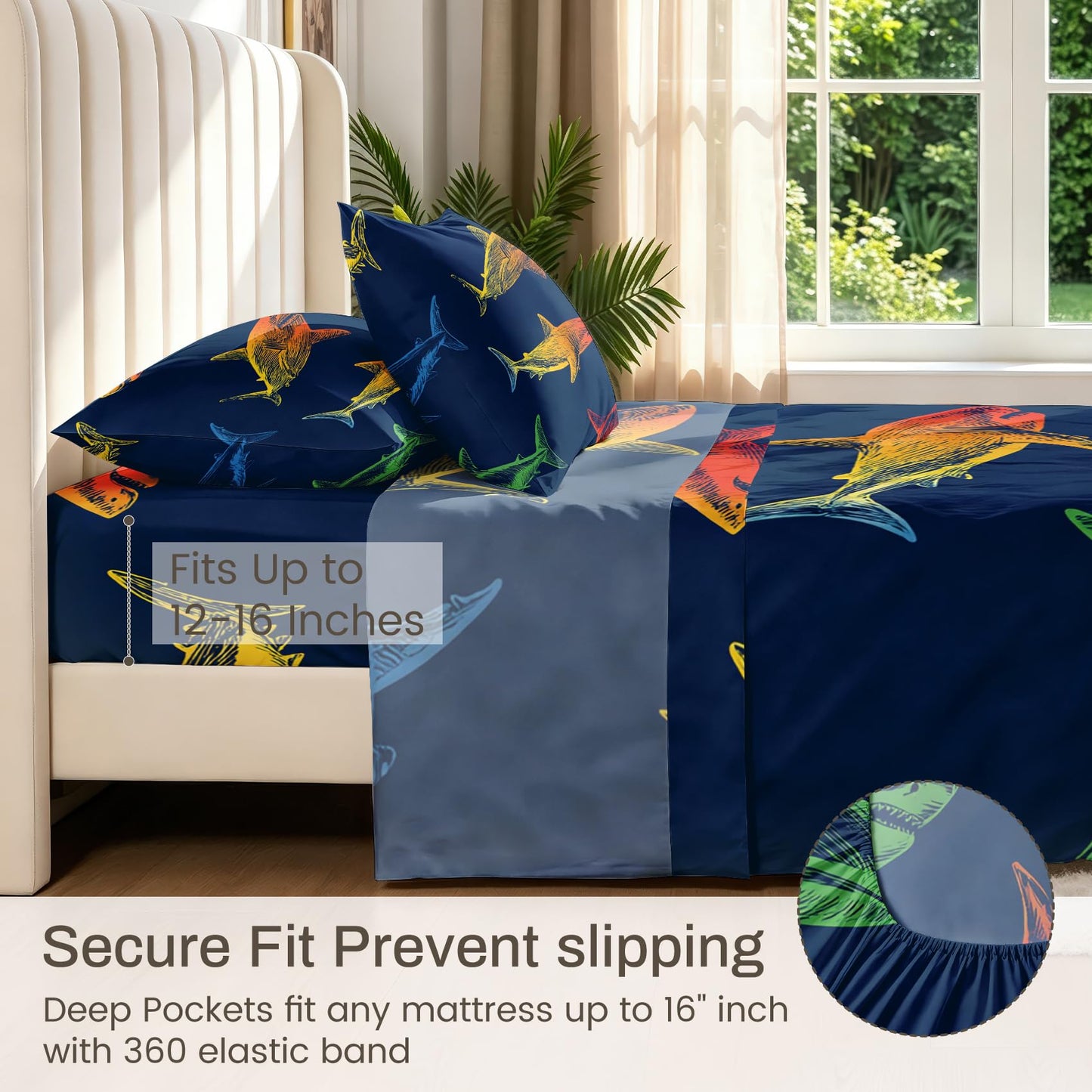 Shark Bedding Set 3 Pcs Marine Life Twin Sheets, Navy Blue