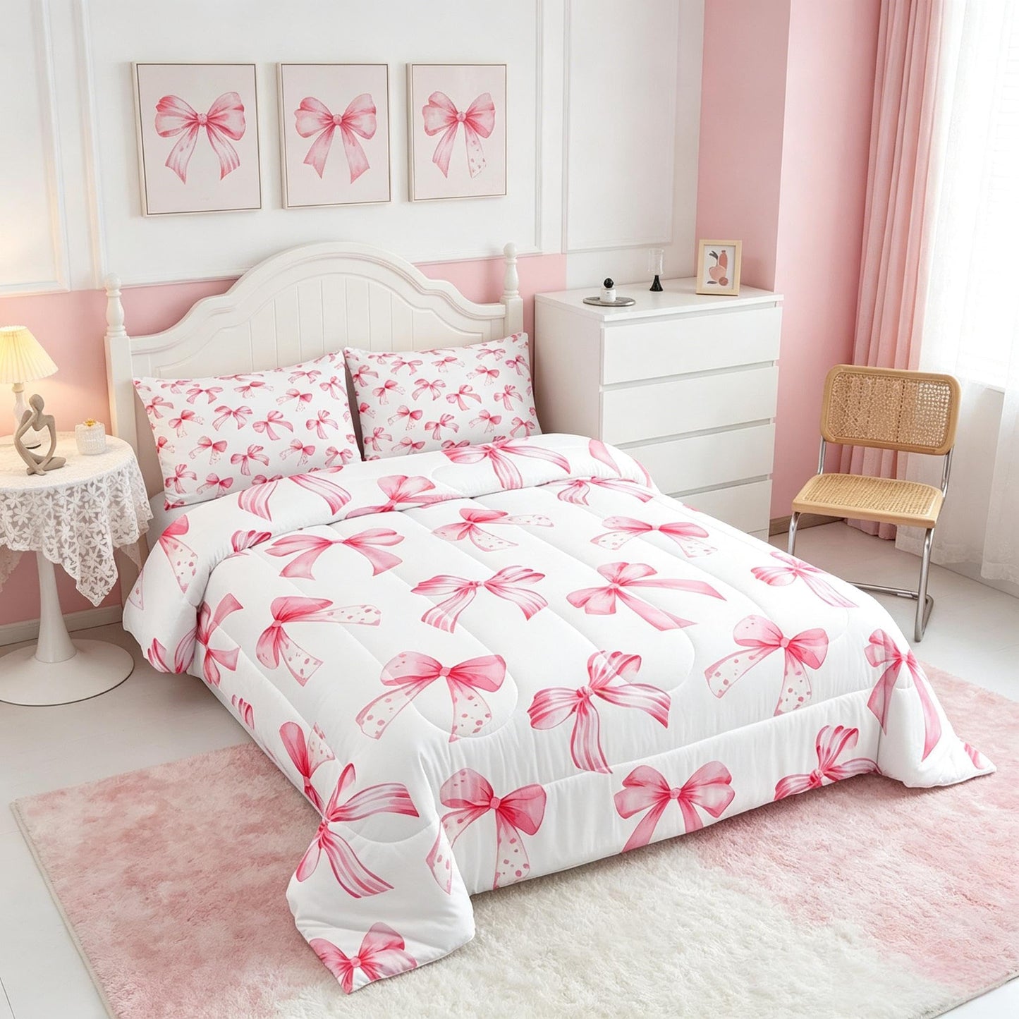 Feelyou Kawaii Pink Bow Bedding Set for Kids Boys Girls Twin Size Cute Dreamy Princess Style Comforter Set Ultra Soft Bow Pattern Comforter Cute Coquette Bow Knot Duvet Quilt Bedroom Decor Quilt