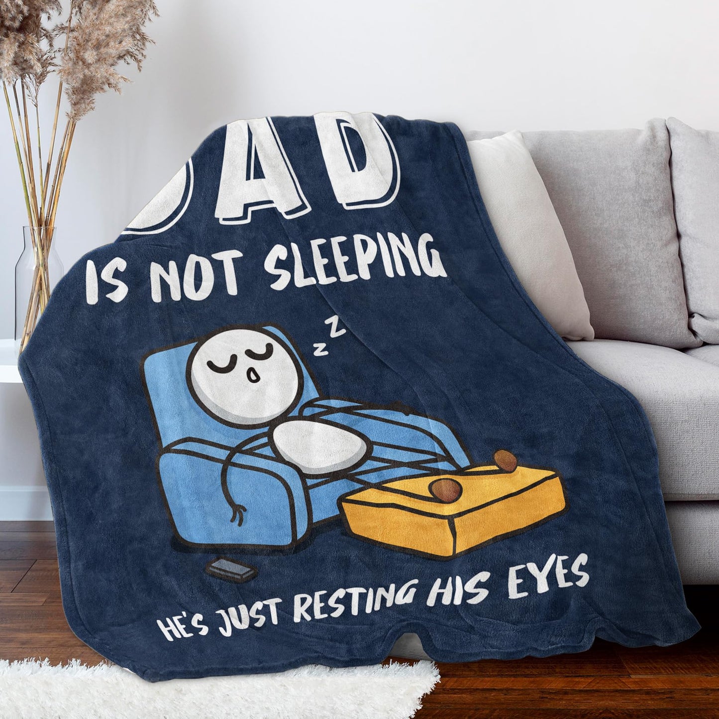GoMelley Funny Fathers Day Birthday Gift for Dad Husband, Dad is Not Sleeping Blanket, Dads Gifts from Daughter Son, Super Soft Throws Blanket for Couch and Napping, 60" x 50" (Blue)