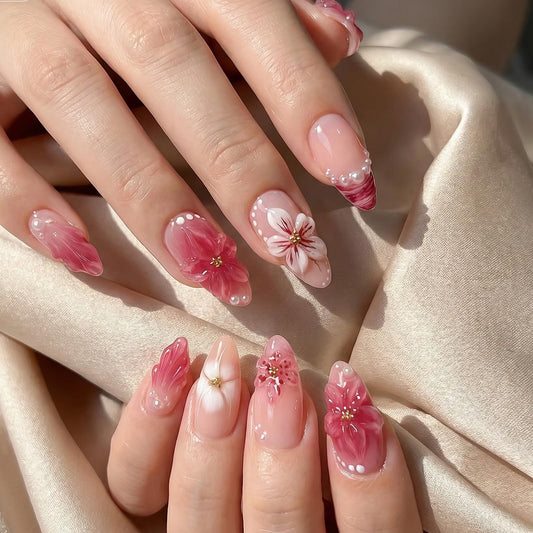 octoswave Press on Nails Medium Almond Fake Nails 3D Flowers Artificial Nail with Pearl Charm Stick on Nail for Women 30pcs
