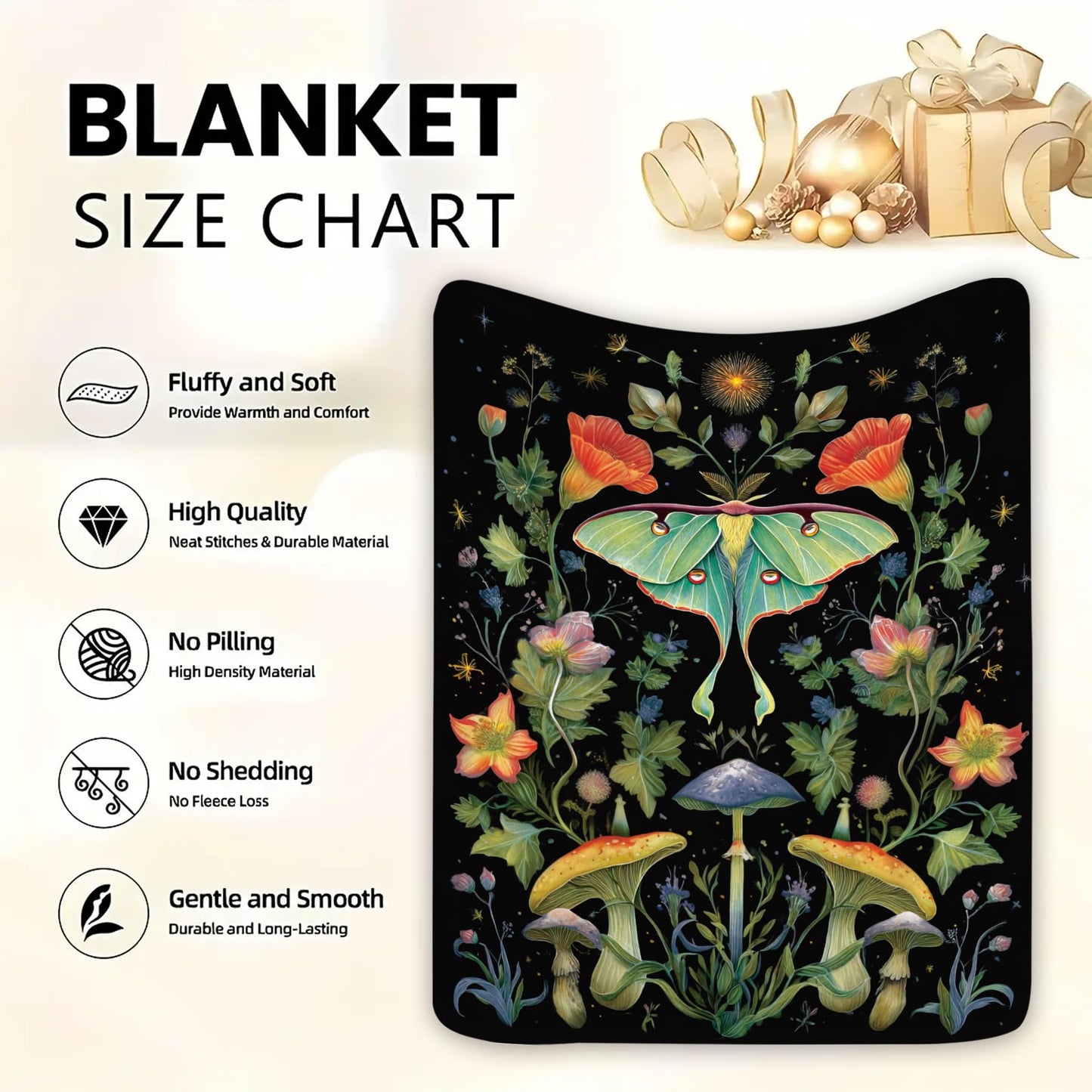 Yookeb Moth Gothic Flower Throw Blanket Butterfly Goth Mysterious Plant Botanical Witchy Soft Warm Gift Flannel Blanket for Couch Sofa Chair Bed or Dorm, 50 x 60 Inch