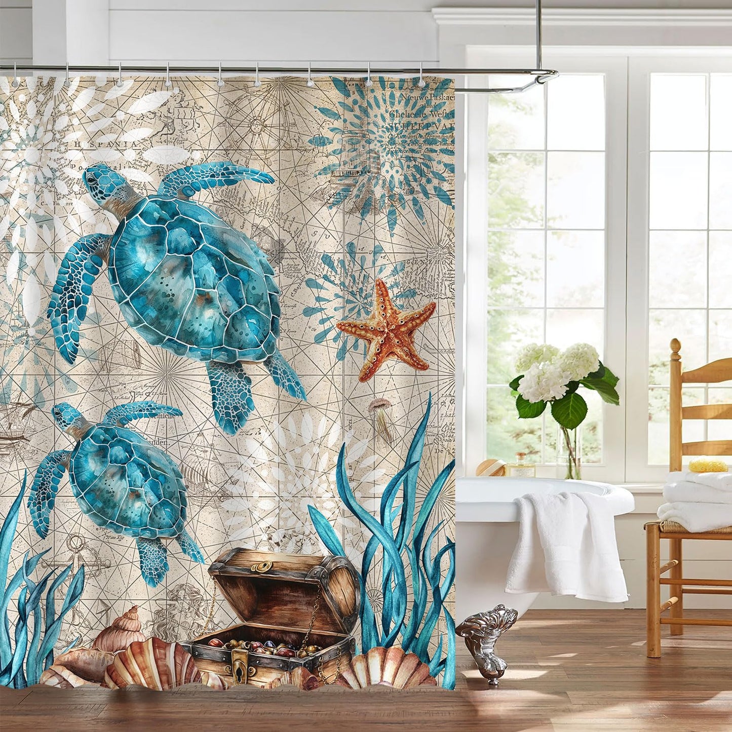 AMLabubu Blue Sea Turtles Nautical Shower Curtain Set, Ocean Beach Boho Bathroom Decor, Polyester Cloth Fabric Bath Curtain with 12 Hooks 72" W x 72" L