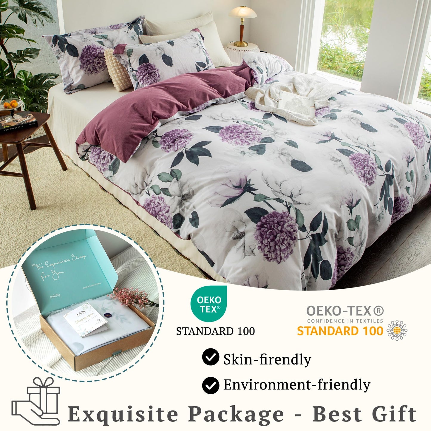 MILDLY 100% Washed Cotton Duvet Cover - Hydrangea Floral Comforter Cover Set Botanical Flower Pattern Bedding Set with Zipper Closure