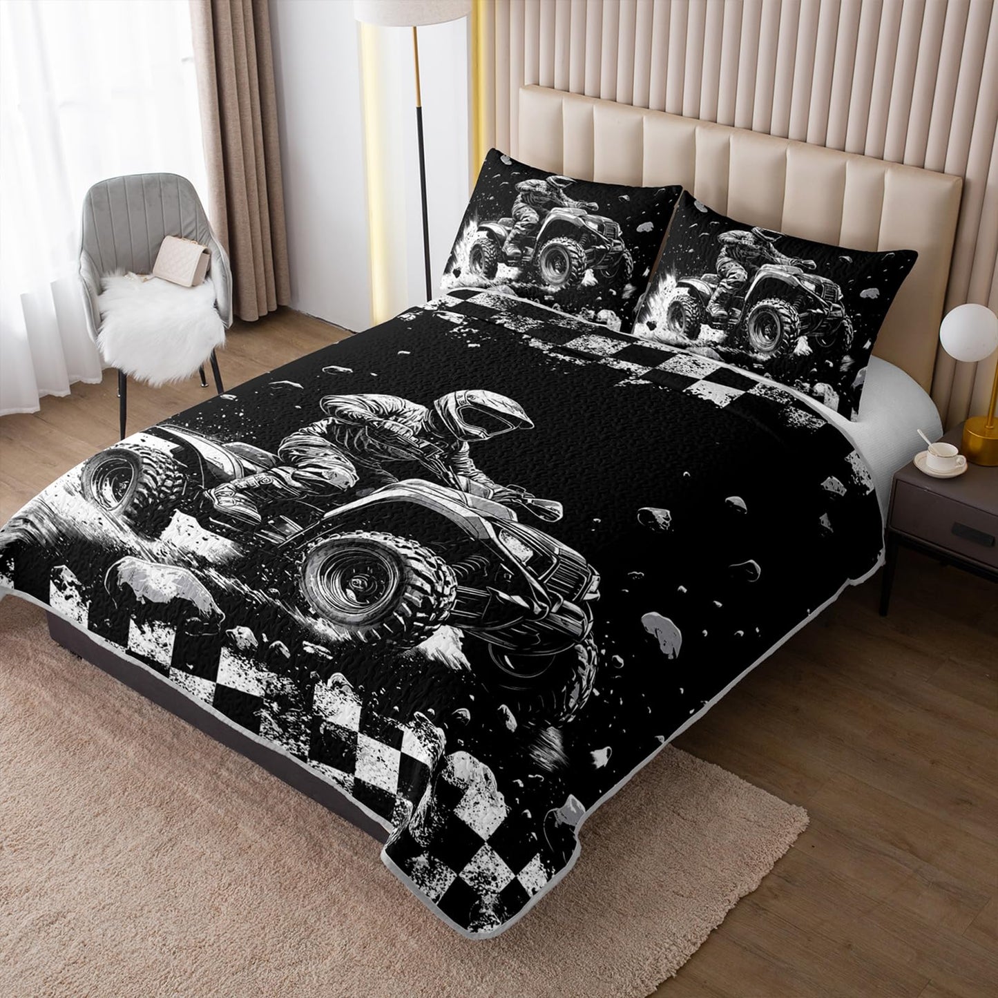 XYNHML Cool Motocross Rider Quilts Bedding Twin 3Pcs Racing Dirt Bike Quilt Set Extreme Sports Racer Grid Lightweight Soft Bedspread Coverlet with 2 Pillowcases for Kid Boy Girl Teen Adult Bed Decor