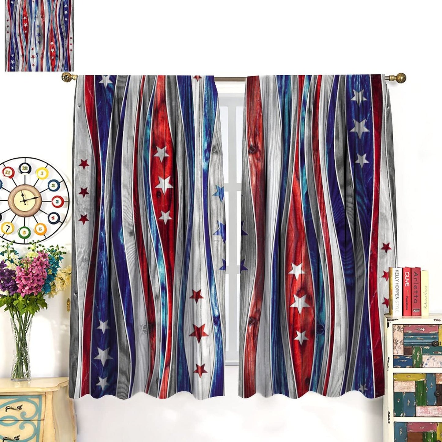 4th of July Independence Day Curtain,Blue and Red Stars USA Flag Patchwork Texture Design Window TRE 42x45in