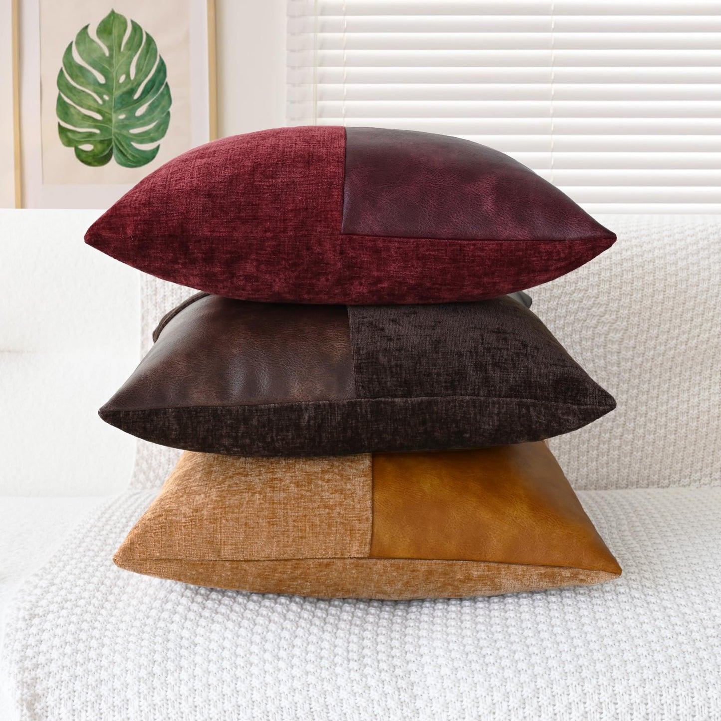 CaliTime Throw Pillow Covers Decorative 18 X 18 Inches Pack of 2 Cozy Chenille Faux Leather Splicing Cushion Cases for Couch Sofa Bed Living Room Home Coffee