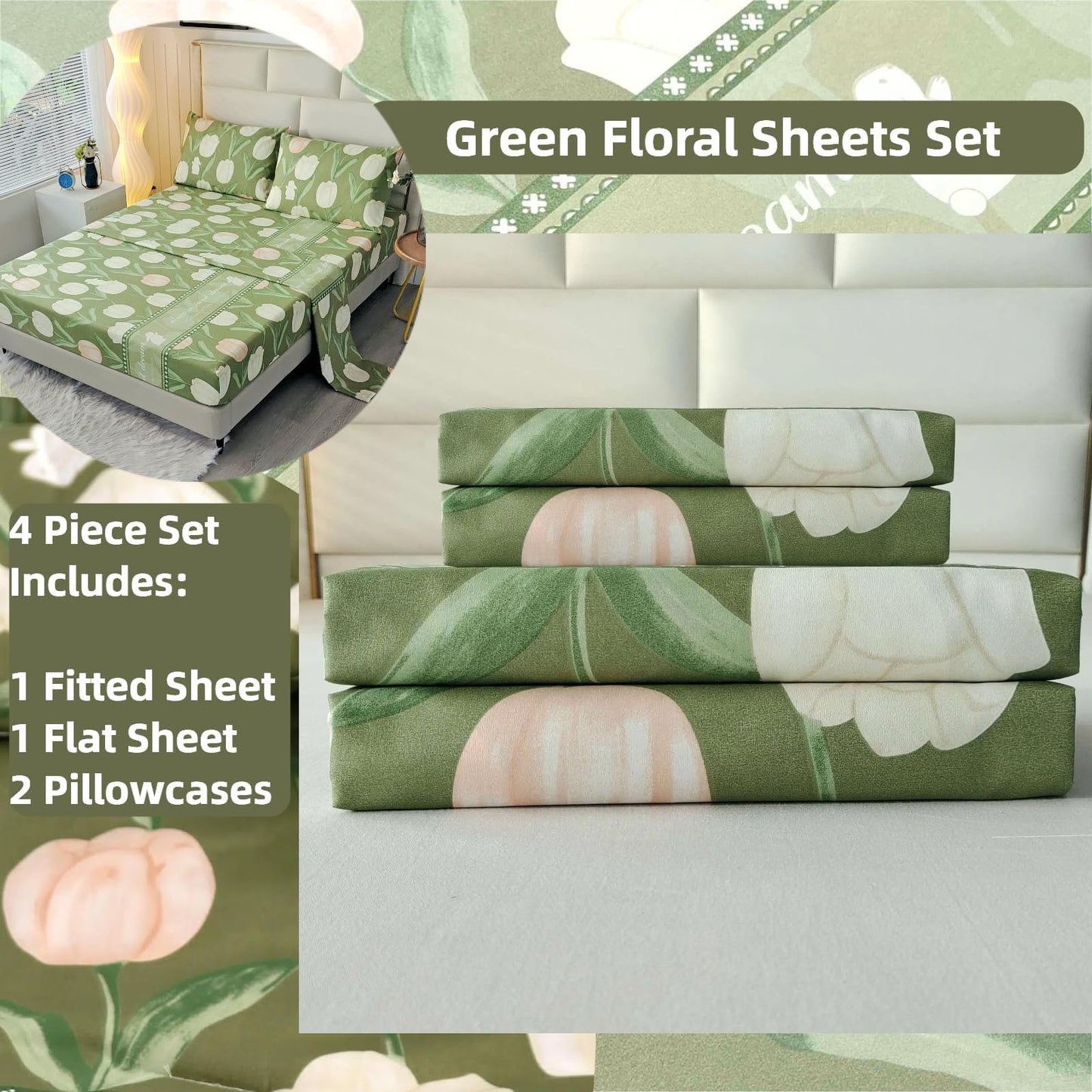SDIII 4PCS Rabbit and Green Floral Bed Sheets Twin Set, Soft Microfiber Twin Bed Sheets Floral, Botanical Bedding Sheet All Season
