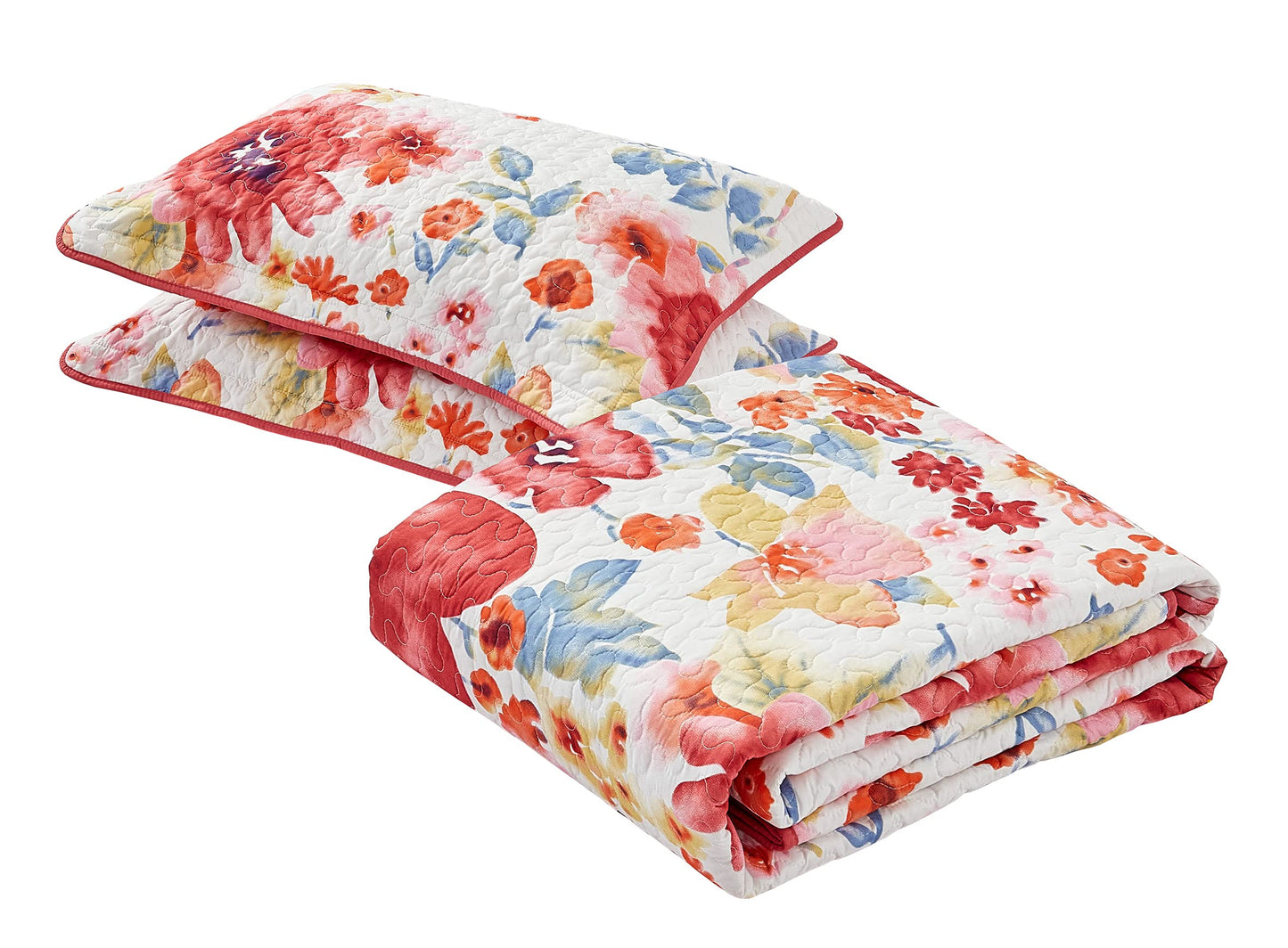 All American Collection 3 PC Floral Printed Red and Beige Reversible Bedspread Quilt Set Coverlet and Pillow Sham Set King/California King Size
