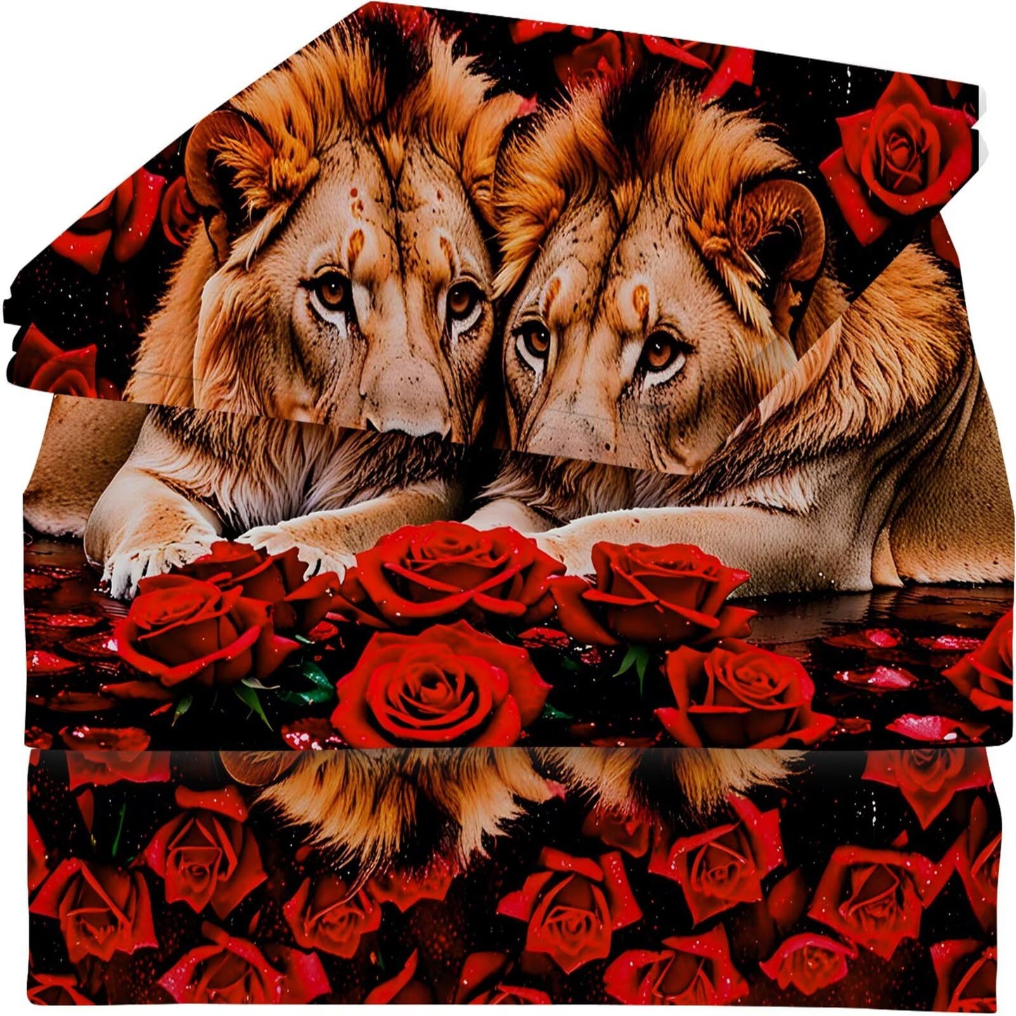 VTKON Rose Lions Sheets Set Twin for Kids and Women Animal Print Bedding Set with Deep Pocket 3D Wildlife Bed Set with 1 Flat Sheet 1 Fitted Sheet and 1 Pillowcase