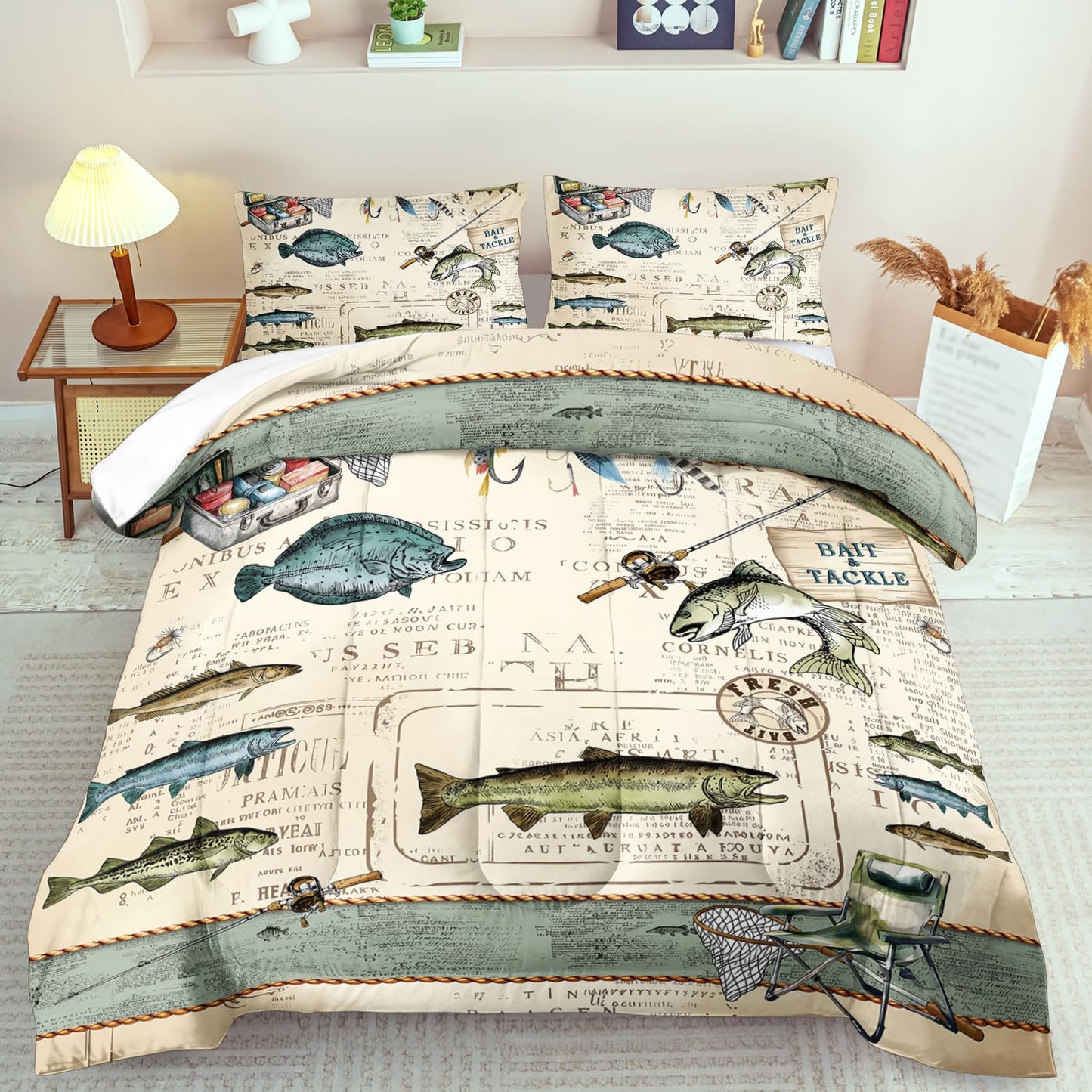 llyxsesty Fish Comforter Set Queen,Nautical Bedding Set Queen for Boy,Ocean Bedding Striped Quilt,Coastal Comforter Fishing Birthday Party Decorations,Nautical Quilt Fishing Decor for Kids and Adult