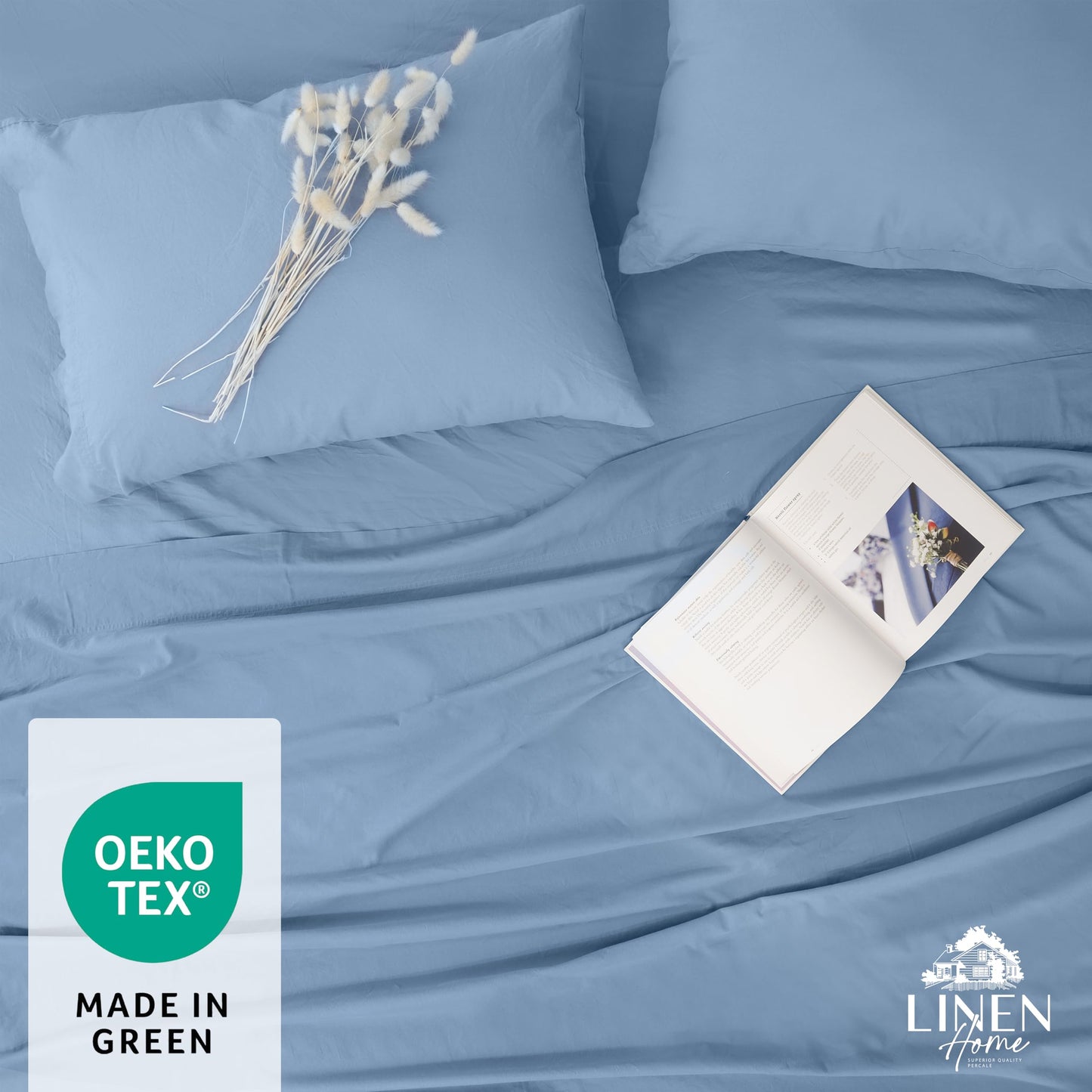 Linen Home Washed Cotton Percale Fitted Sheet Queen Size, ICY Blue, 1 Deep Pocket Fitted Sheet, Soft and Cool Strong Bed Linen, 60"X80"+14"