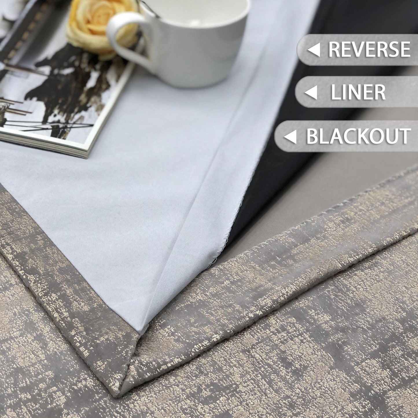 always4u 100% Blackout Soft Velvet Curtains for Bedroom Living Room Thermal Energy Saving 84 Inches Long Luxury Gold Foil Print Drapes 2 Panels Champagne