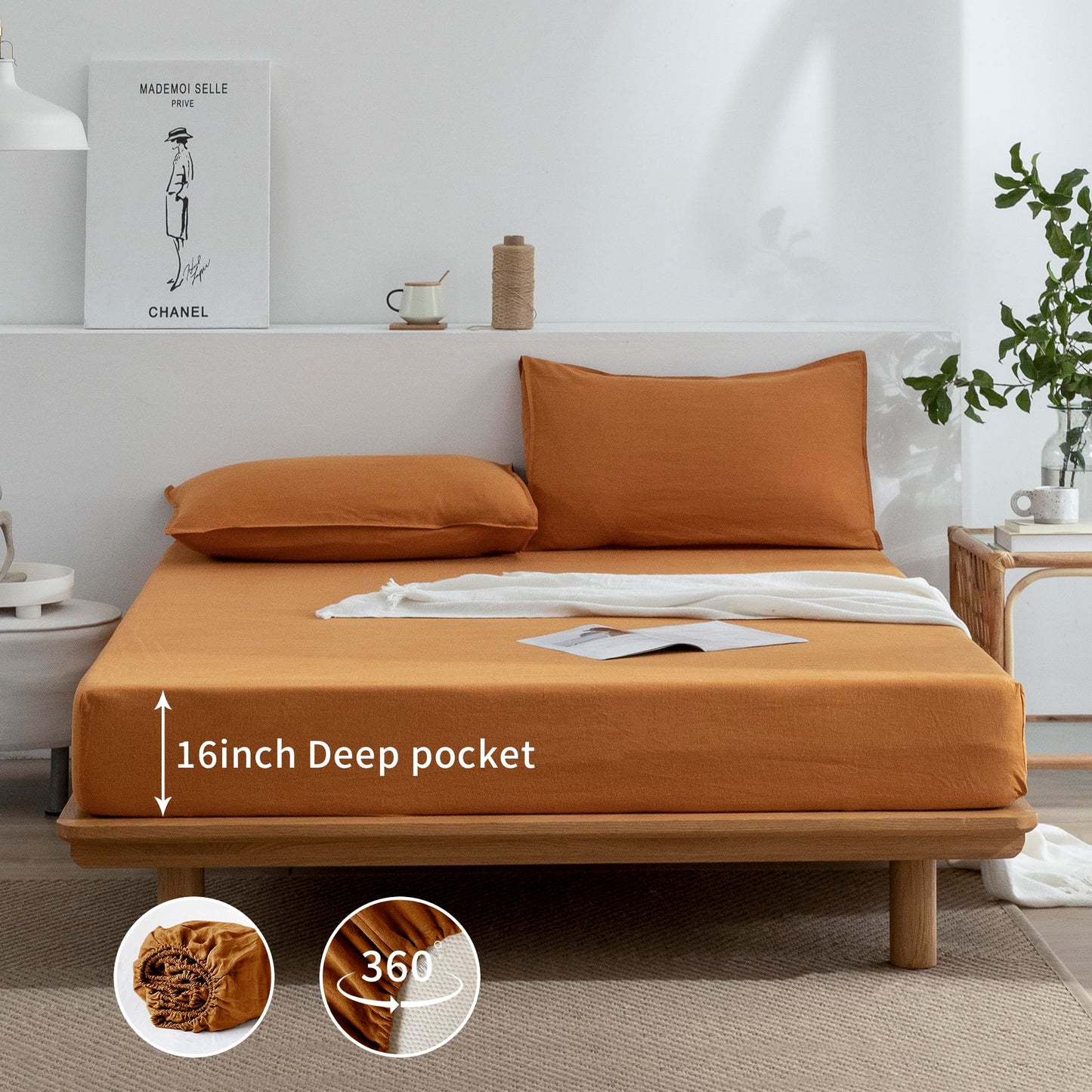 EVERLY Linen Sheets Set Twin Size,100% French Pure Linen Sheets Set,3Pieces (1Flat Sheet,1Fitted Sheet,1Pillowcase) Suitable for Hot Sleepers, Stonewash Deep Pocket Natural Bedding Set-Caramel