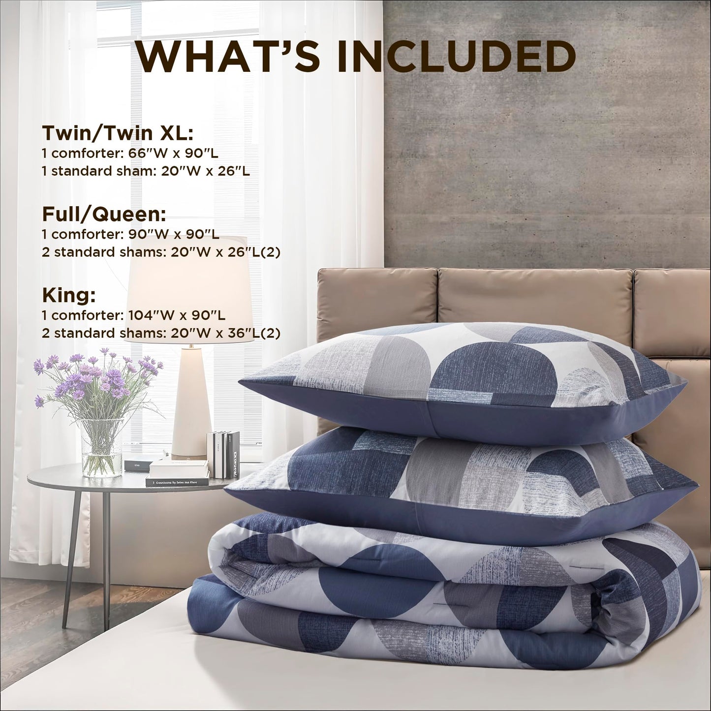 Regency Heights Stylish Three-Tone Printed King Size Comforter Set, 3 Pieces Ultra-Soft Microfiber Bedding Set, Warm and Cozy Comforter for All Seasons, Navy Blue & Grey