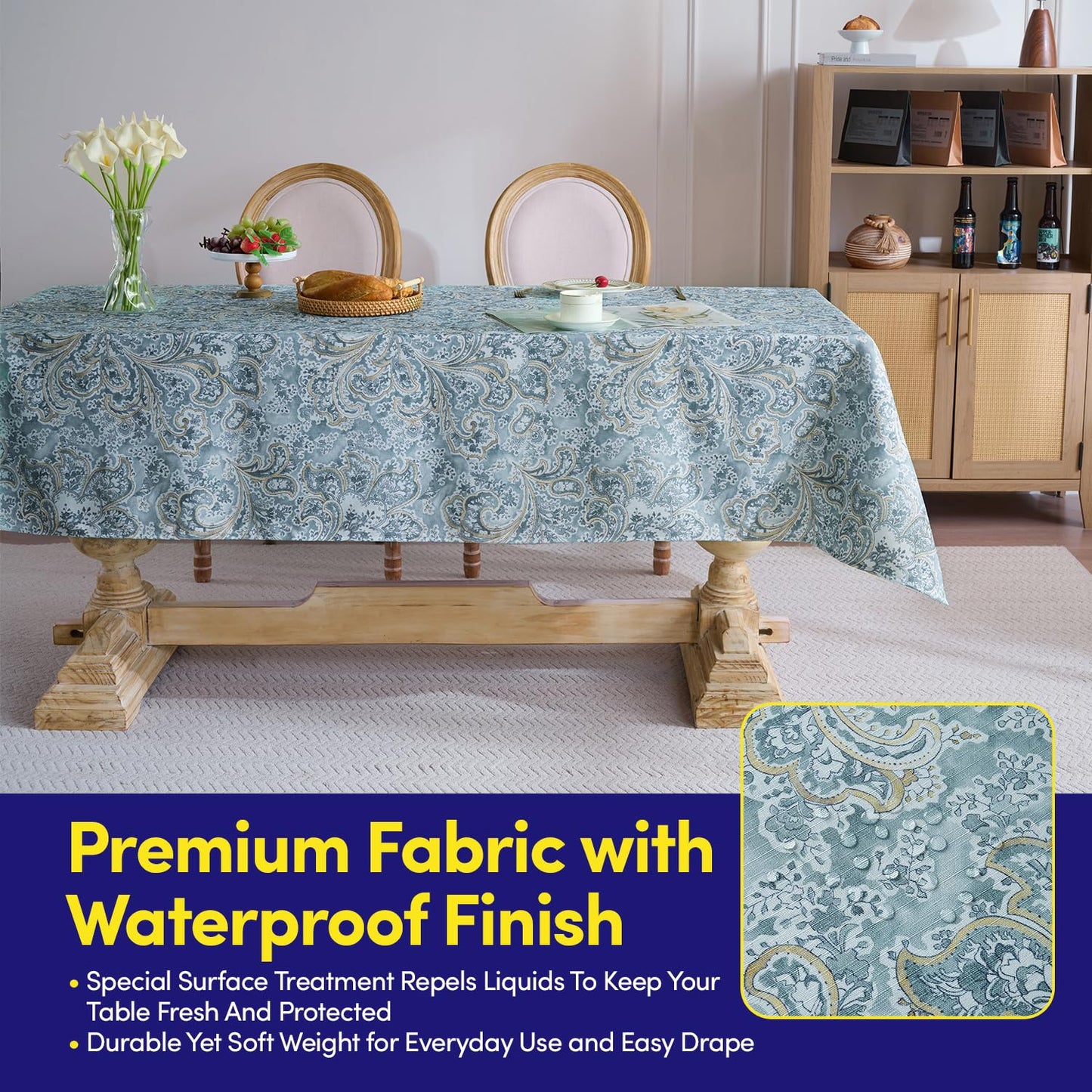 Rectangle Tablecloth 60" x 84" 100% Waterproof Fabric — Wipe-Clean, Tear-Proof Decorative Table Cover for Indoor & Outdoor Dining Elegant Patterns for Kitchens, Dining Rooms, Paisley
