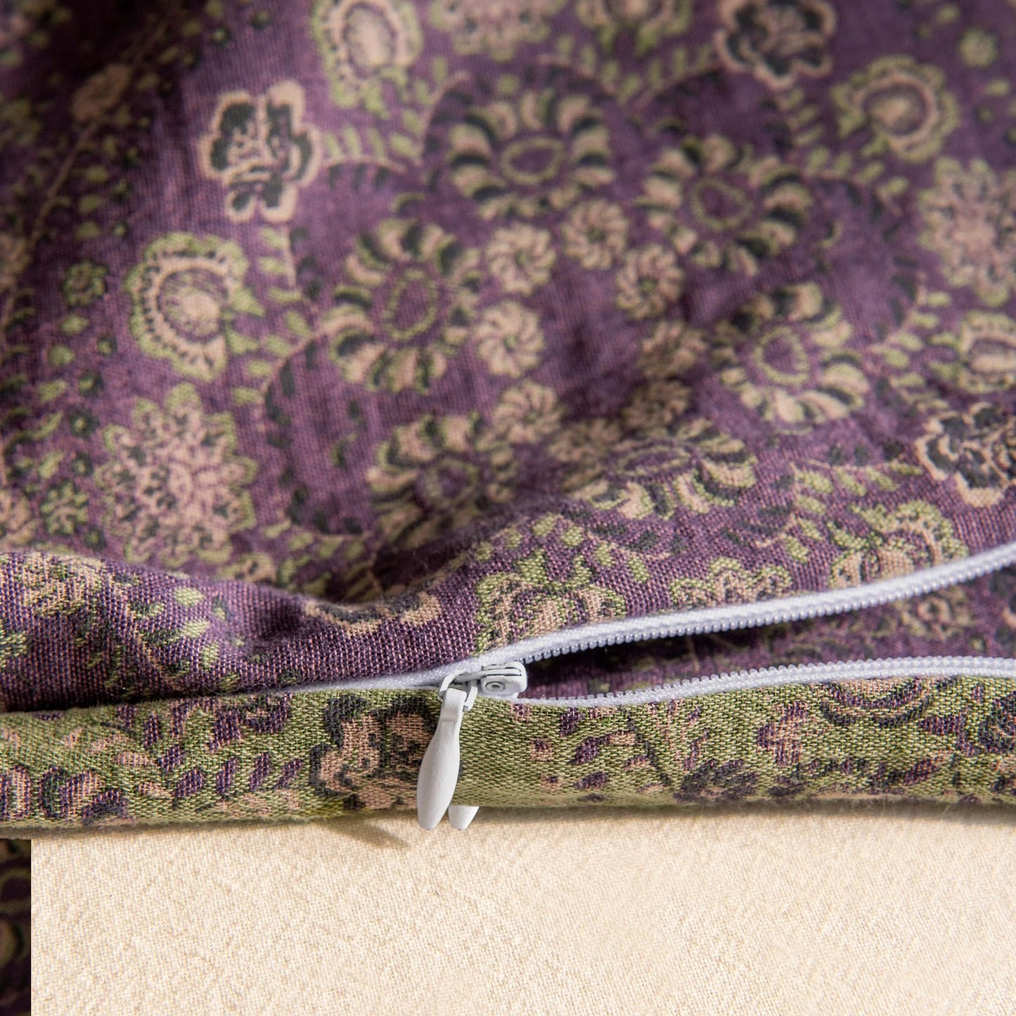 VM VOUGEMARKET Purple Green Duvet Cover Queen,3 Pieces Retro Boho Medallion Jacquard Flower Bedding Set,Linen Cotton Yarn-Dyed Textured Duvet Cover with Zipper Closure