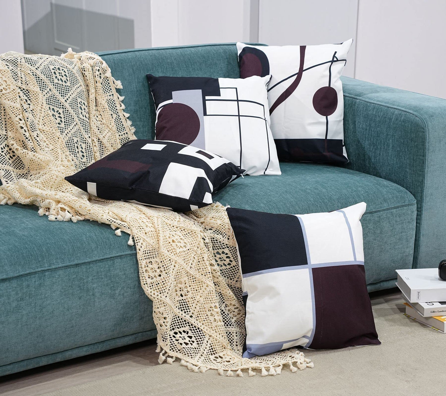 Black Wine Red Geometric Decorative Cushion Pillow Covers Set of 4 20" x 20" Modern Geometric Grey Black and Red Grid Stripe Decor Irregular with Hidden Zipper Home for Couch Bed