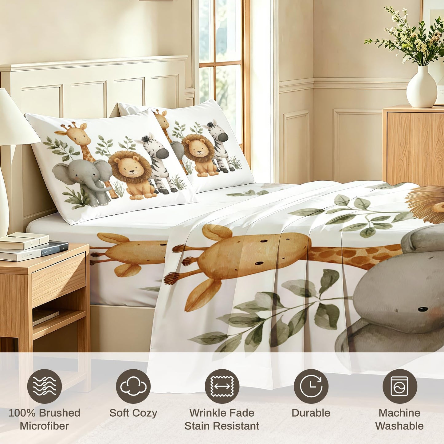 Jungle Animal Bedding Set 3 Pcs Kids Wildlife Twin Sheets