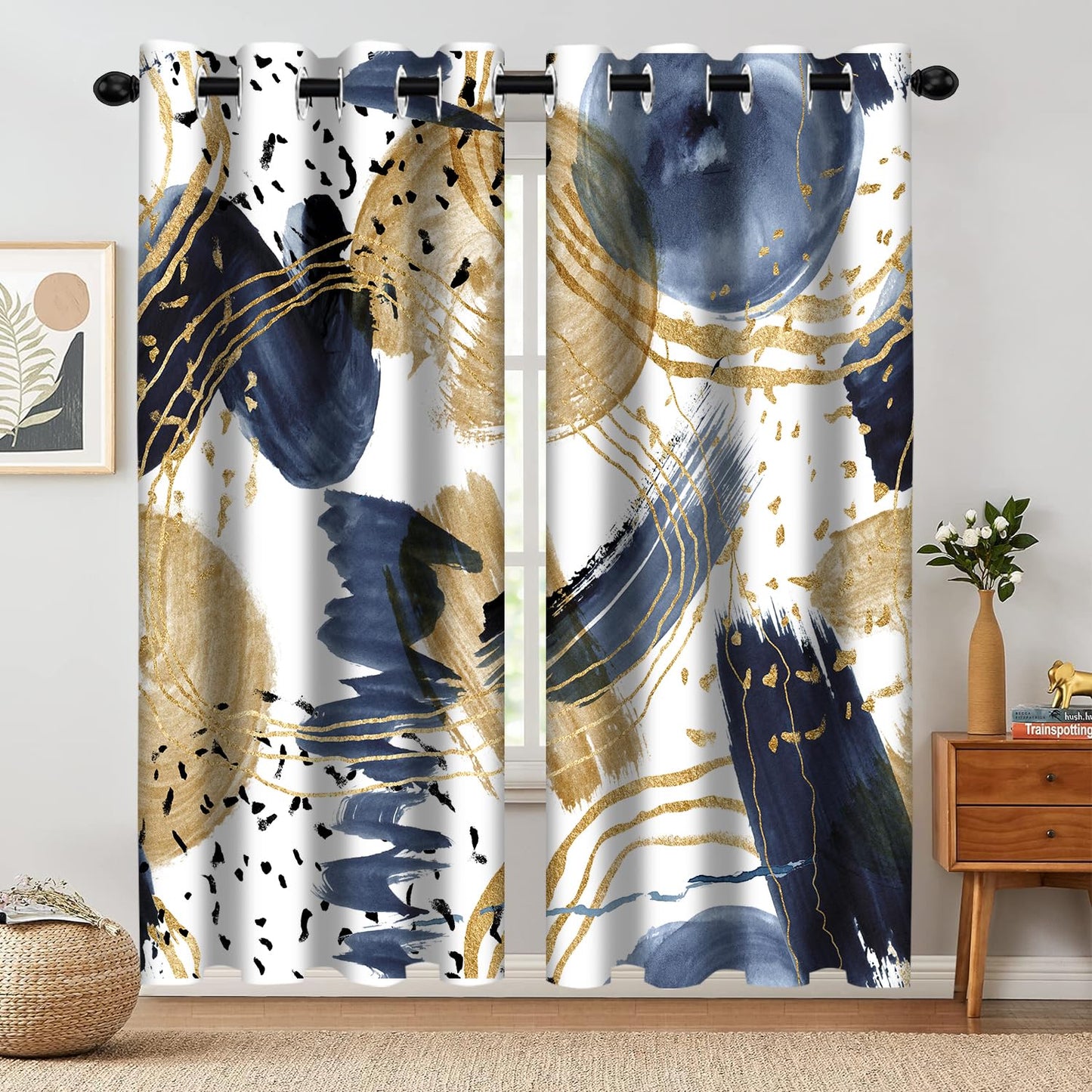 Aeyadis Abstract Blue Gold Blackout Curtain, Boho Aesthetic Modern Window Curtains Living Room Bedroom Decor Thermal Curtain Darkening Grommet Window Drapes Treatments, 2 Panels 52x84 Inch