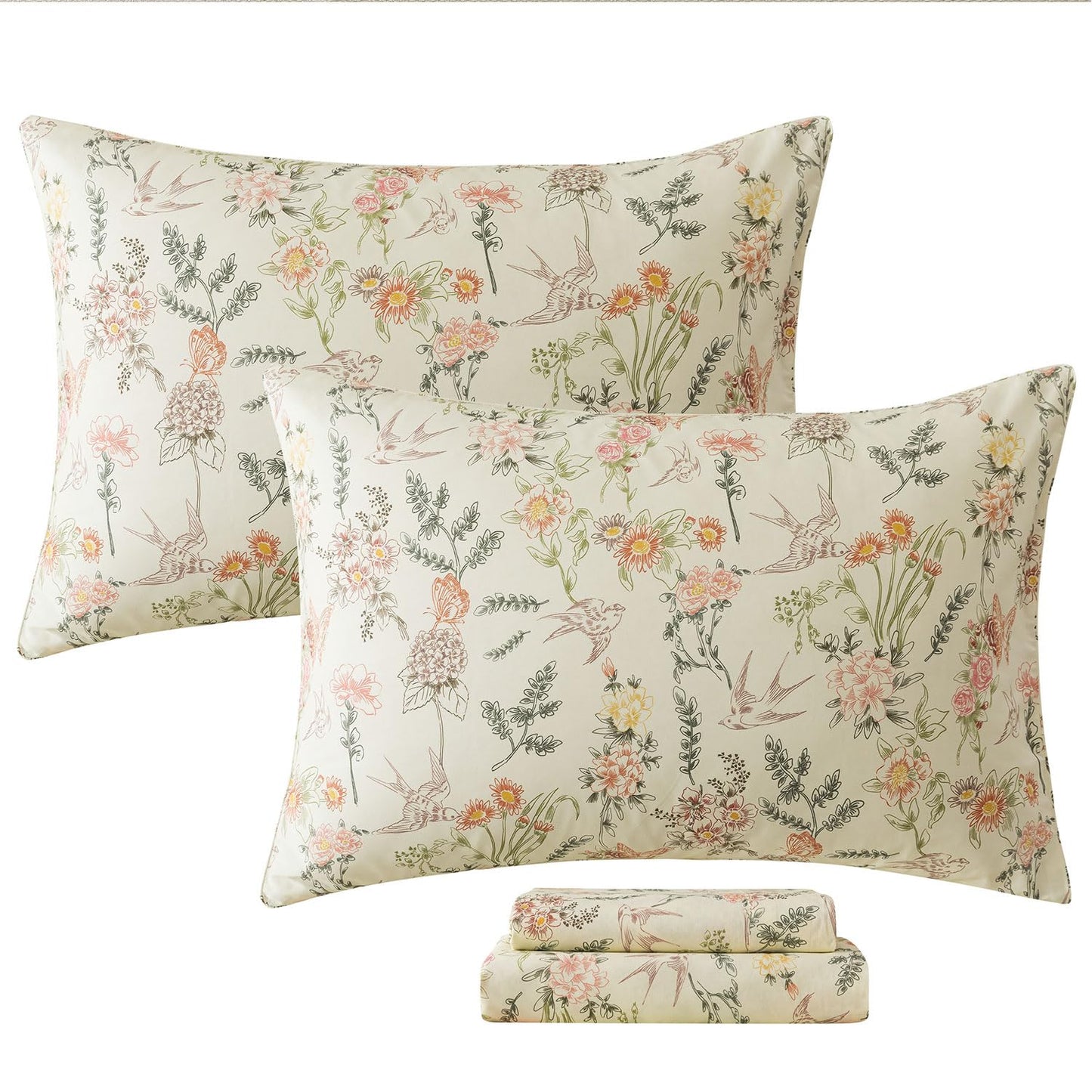 FADFAY Queen Size Sheets Set – 4 Pieces 100% Cotton Deep Pocket Fitted Sheet, Crisp, Breathable & Soft, Country Style Floral & Butterfly Pattern for All Seasons