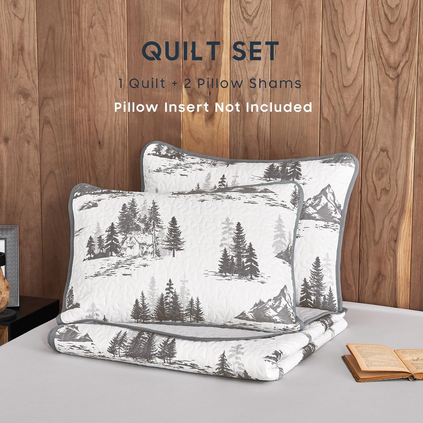 Wake In Cloud - Rustic Quilt Set, Cabin Forest Woodland Camping Theme with Lodge Mountain Print, Reversible Lightweight Bedspread Coverlet, 3 Pieces, Grey White, Queen/Full Size