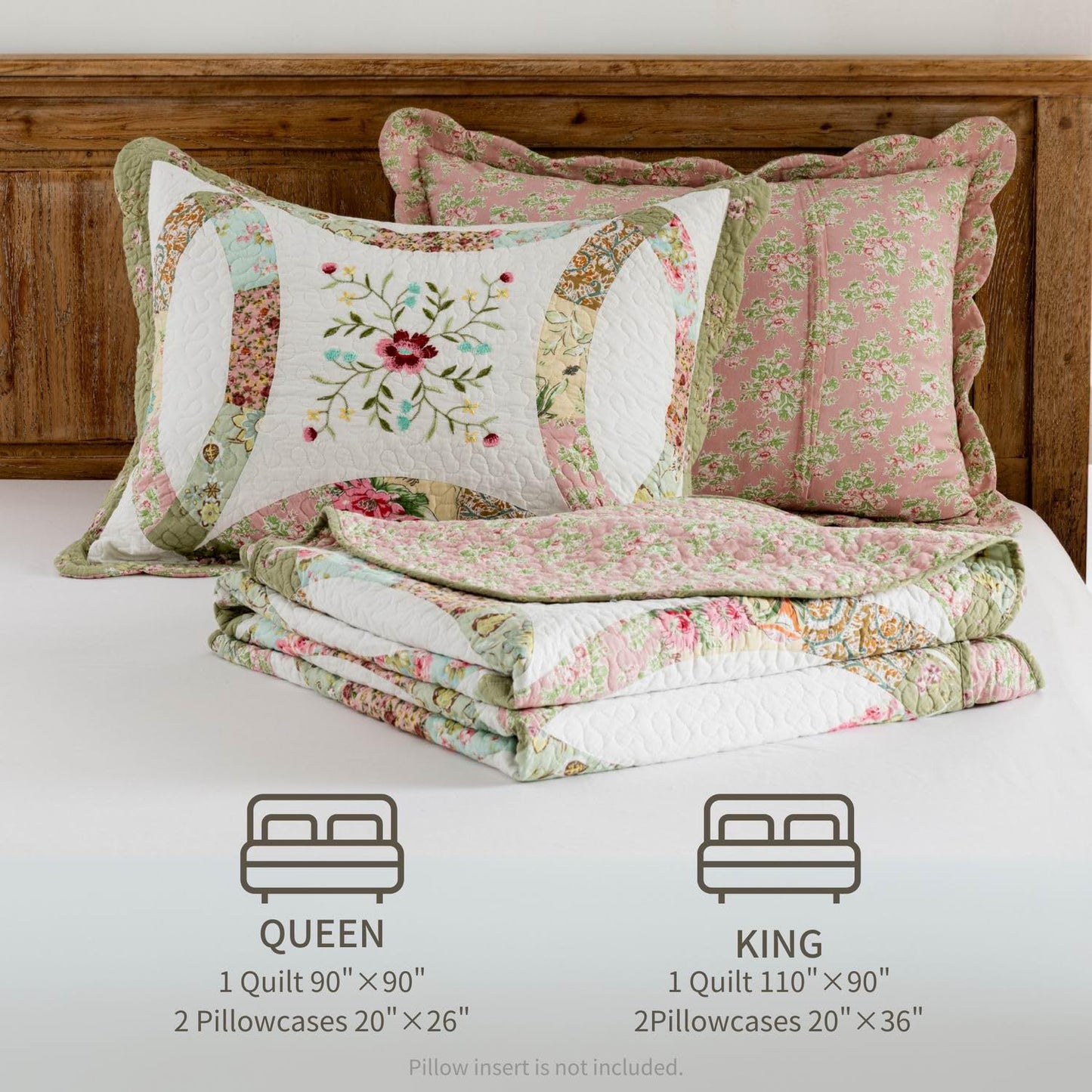 meadow park Cotton Real Patchwork Embroidery Quilt Set 3-Piece. 100% Washed Cotton. 376 Hand Cut Patches. Embroidery and Allover Quilting. Reversible Coverlet Set. (Queen)