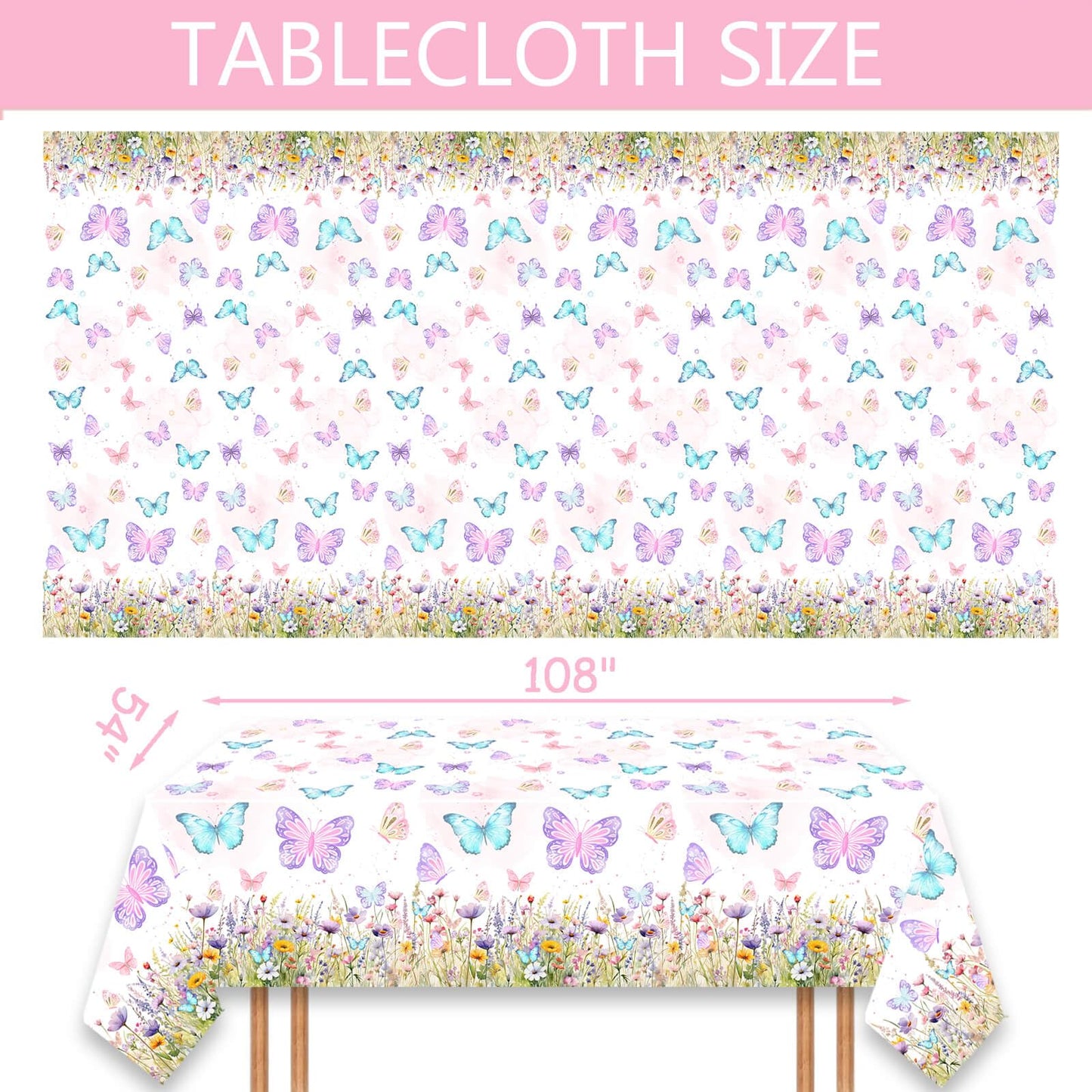 LetDec 6 Pack Butterfly Tablecloth Birthday Party Decorations for Spring Butterfly Theme Girls Baby Shower 1st 2nd 3rd 4th Birthday Party Table Supplies Favors, 108 x 54 Inch