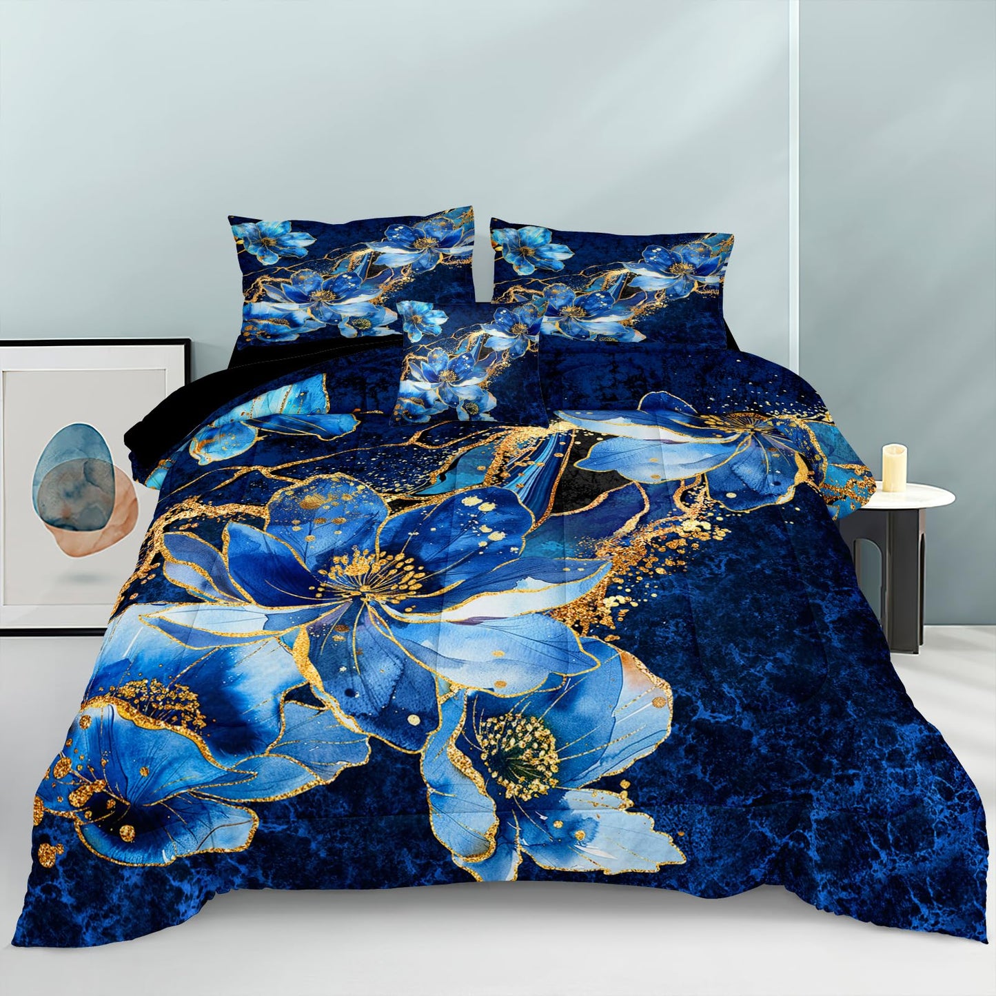 Bedorm Blue Marble Comforter Set Queen Floral Bedding Set Blue and Black Marble Stone Natural Texture Abstract Bedroom Comforter Set with Marble Pillowcases