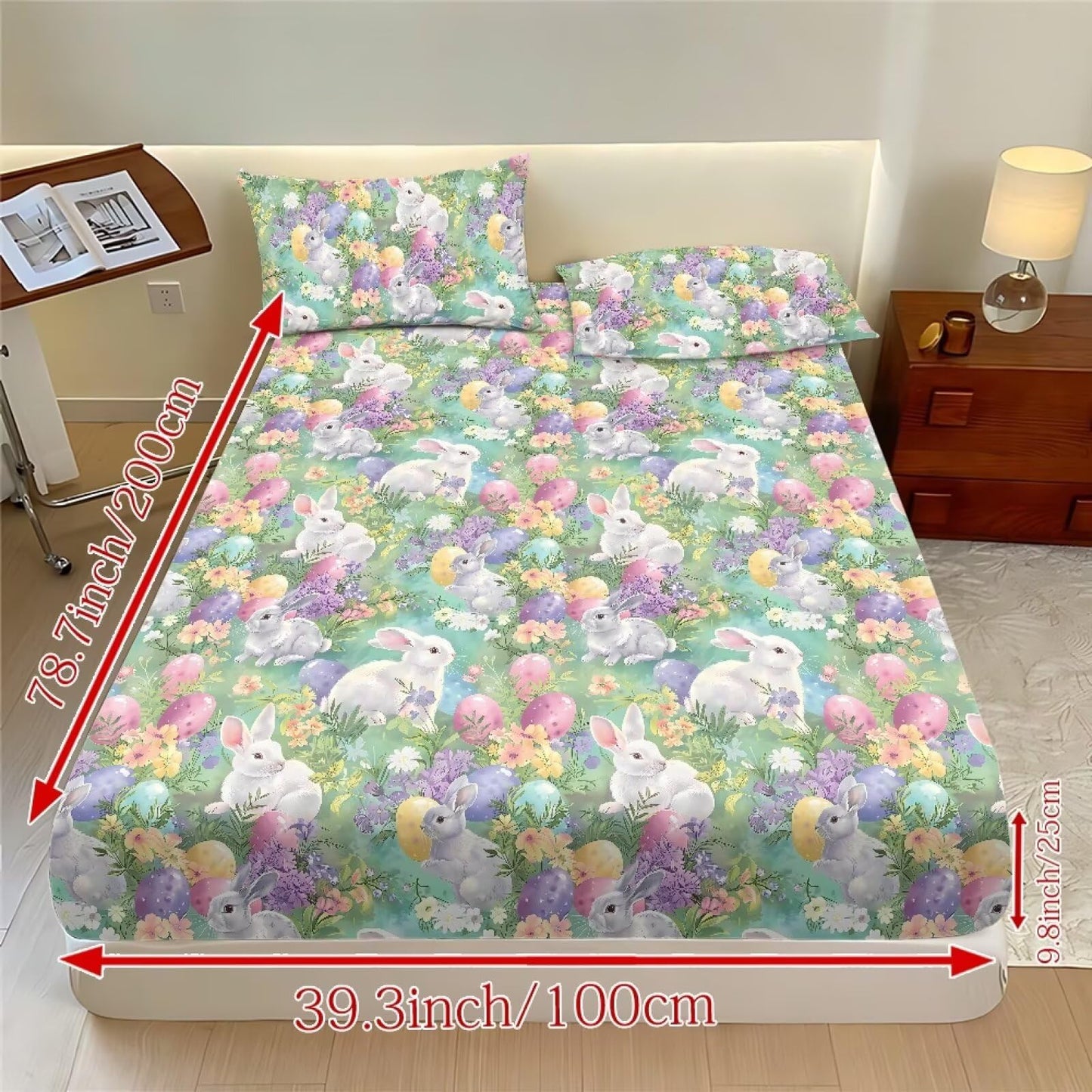 ZDCUSTOM 3pcs Easter Bunny Sheet Set Twin XL Size Cozy Fade Resistant Bedding Sheet Set Fresh Cute Bedsheet with All Around Elastic Home Decor for Twin XL Size Bed, 39" x 79"