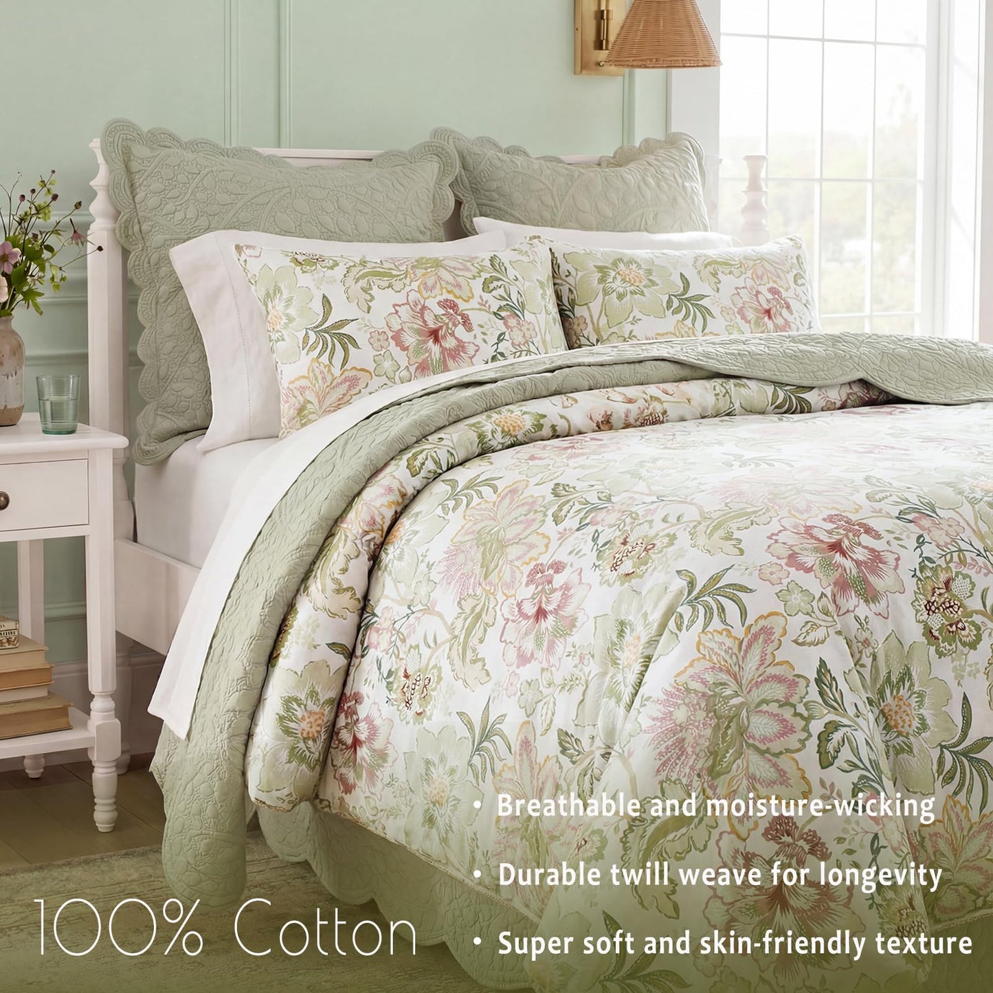Bedorm 100% Cotton Duvet Cover Set Botanical Floral Bedding King Pink Flower Green Leaf French Country Bedroom Decor Soft & Durable Duvet Cover with Zipper Closure and Corner Ties