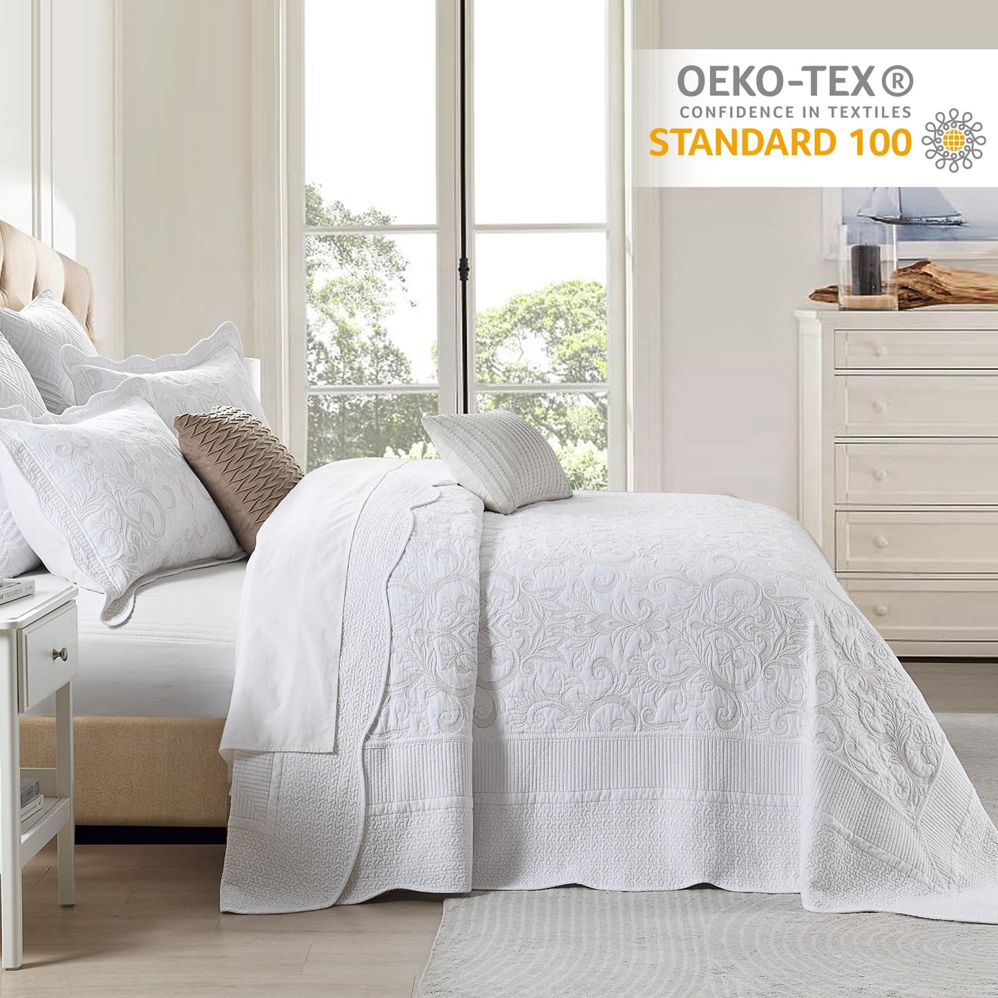 Finlonte Oversized King Bedspread 120"x120" - 100% Cotton Vine Embroidery King/Cal King Quilted Bedspread Coverlet, Lightweight Extra Large Quilt Set with 2 Pillowshams, White/Yellow