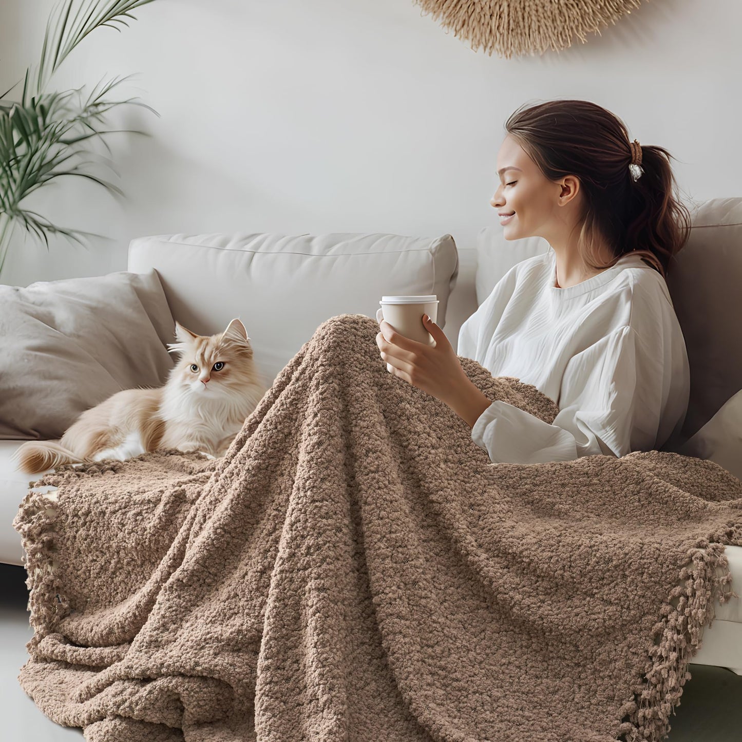 LONG CREATE Throw Blanket for Couch, Taupe Tan Luxury Knitted Throws 50"x60", Textured Blankets with Handmade Fringe Tassels for Bed Sofa Decorative, Chunky Soft Farmhouse Boho Home Decor