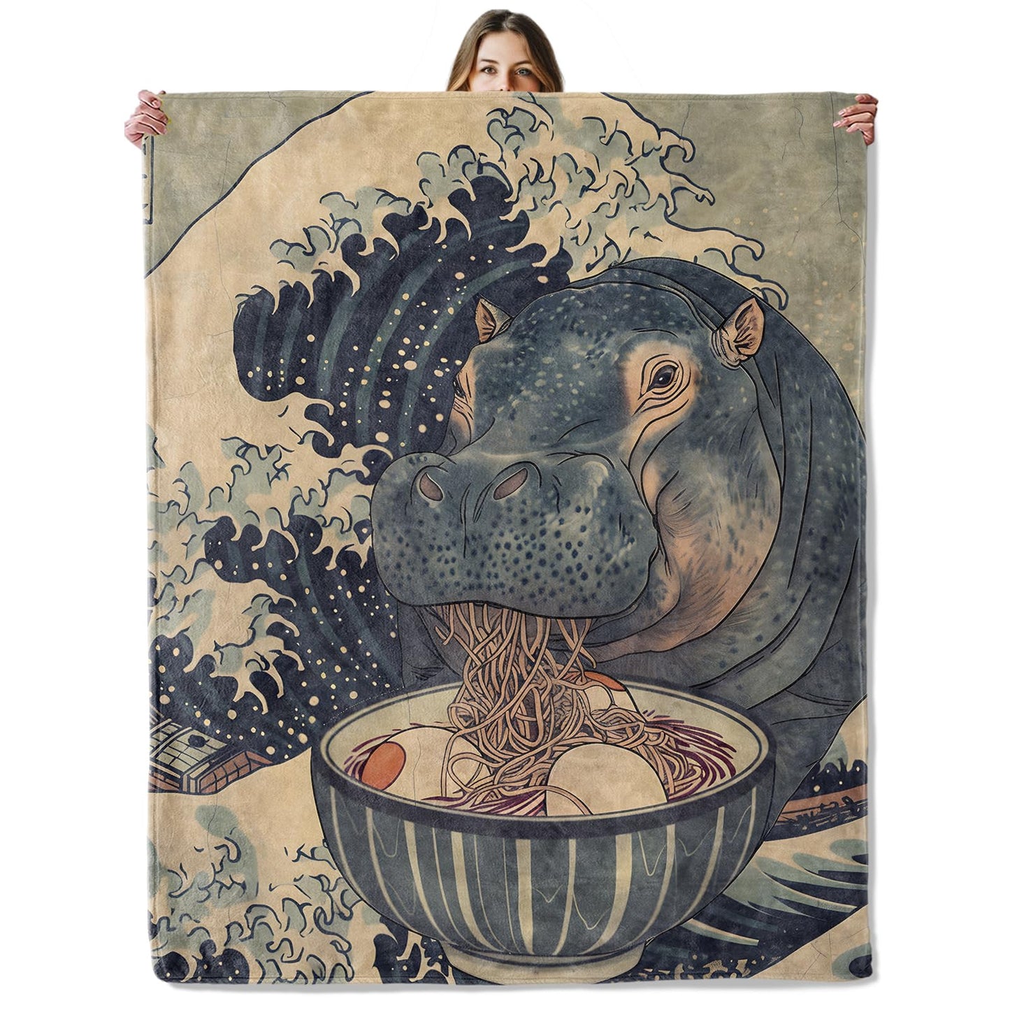 Hippo Eating Ramen Throw Blanket for Girls Boys Kids Adults, 50x60 in, Cozy Flannel Blanket for Bedroom, Camping, Couch, Room Decor, Fuzzy Warm Soft Gifts