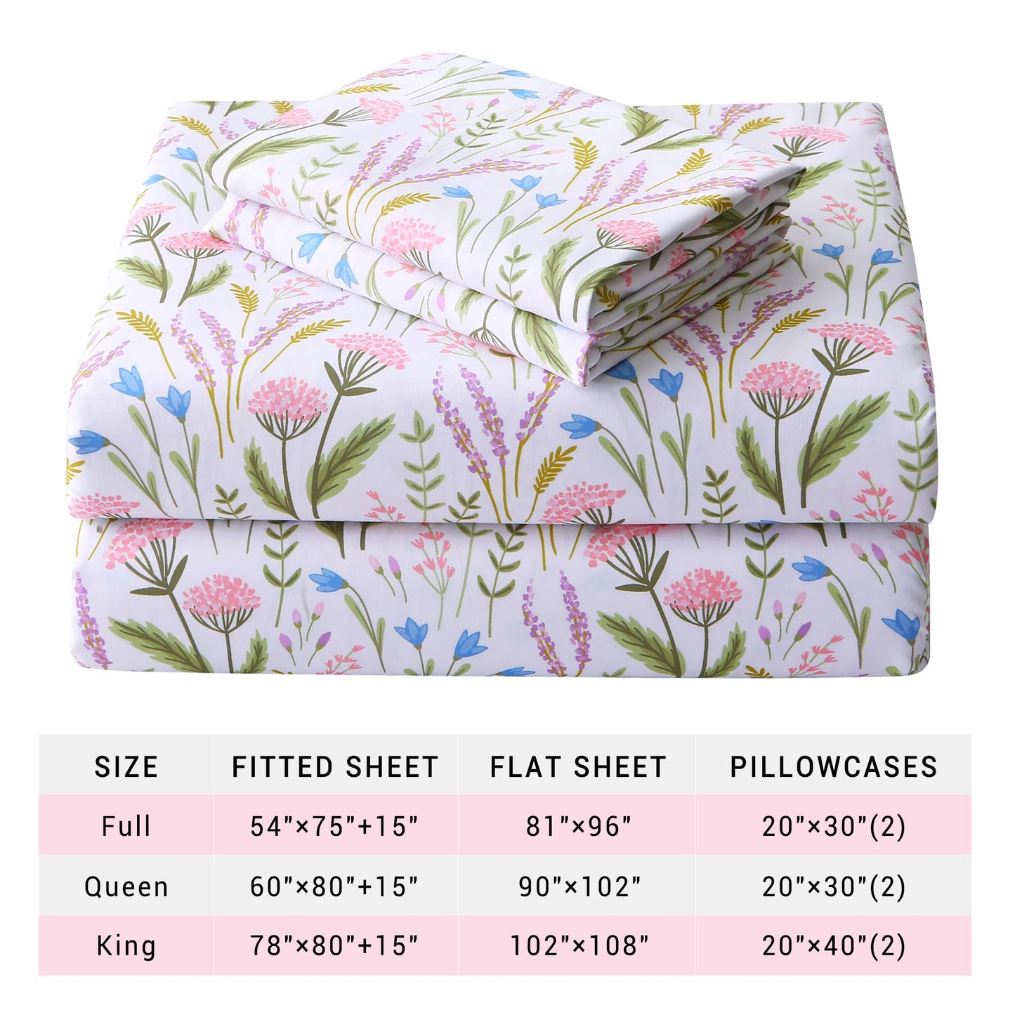 Viviland Floral Twin Sheet Set - 3 Piece Lavender & Blue Bell Pink Cluster Botanical Patterned Bed Sheets - Soft, Breathable Microfiber Sheets with Deep Pocket, Non-Slip Fitted Sheets & Pillowcases