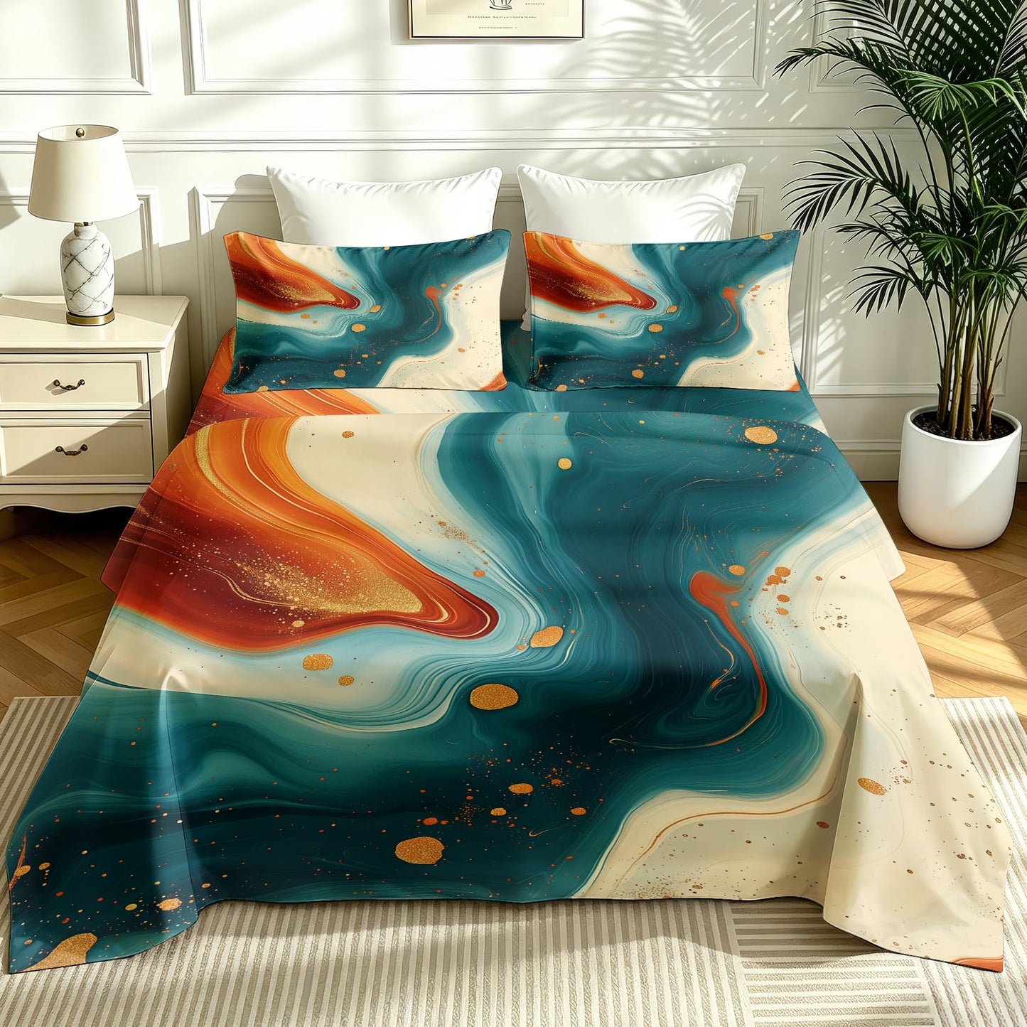 Modern Abstract Bedding Set 4 Pcs Marble Full Sheets, Orange Teal