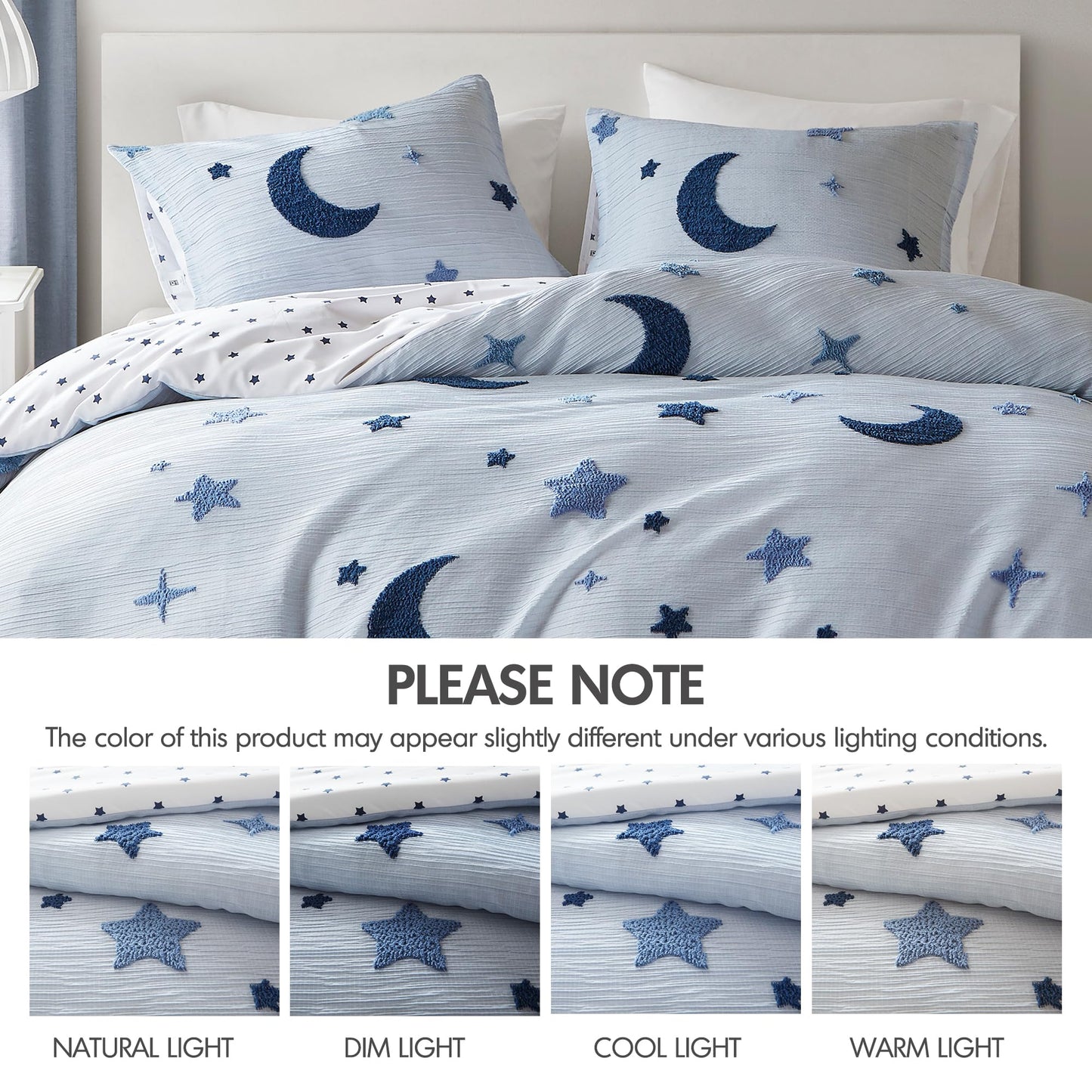 Intelligent Design Kids Cosmos Full Size Duvet Set – Blue Star and Moon Tufted Chenille, Reversible 3-Piece Bedding with Star Pillow, Full/Queen