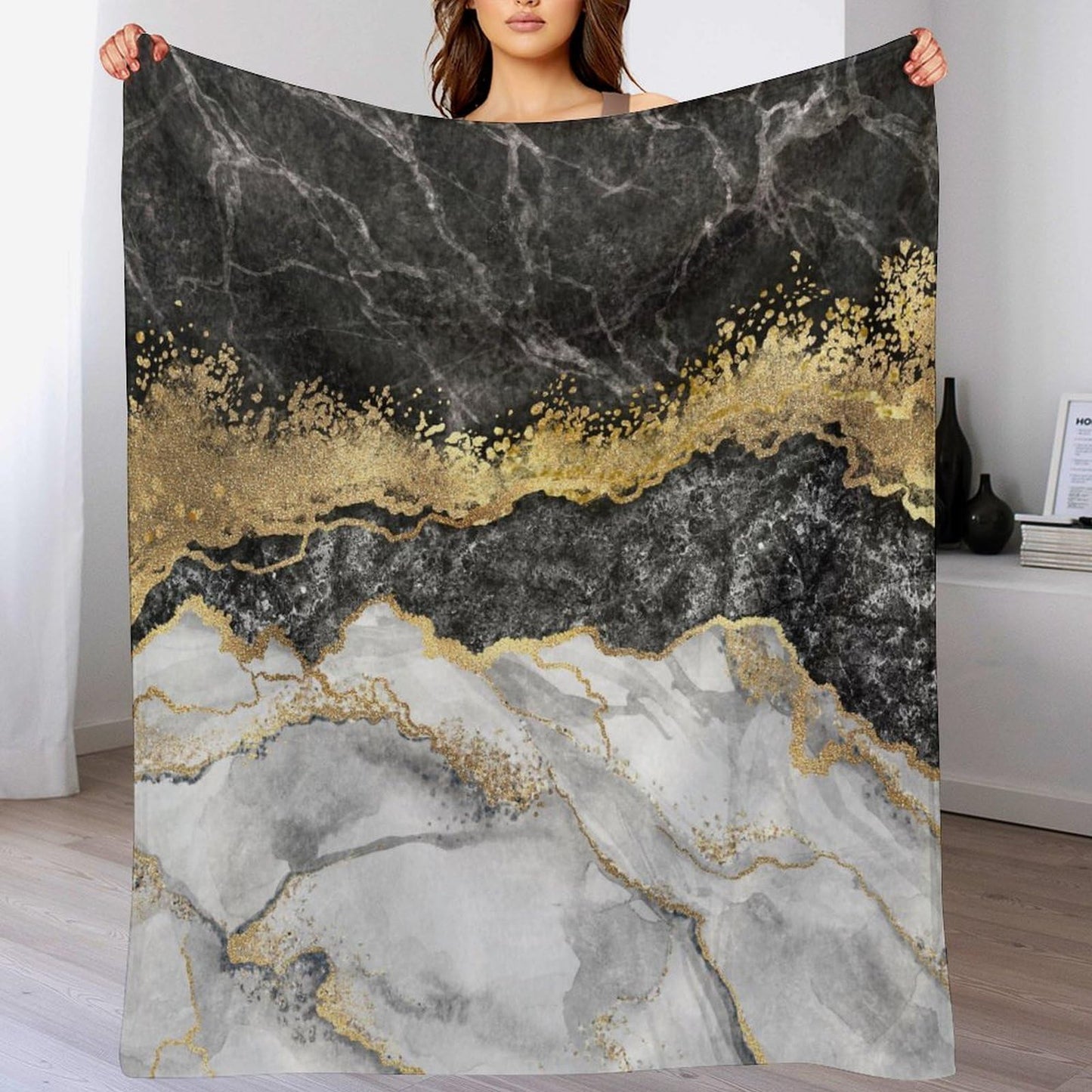 Marble Throw Blanket for Bed Sofa, 40"x50" Super Soft Warm Cozy Fluffy Plush Blanket, Modern Luxury Texture Black Grey Gold Marble Flannel Couch Blanket for Travel Camping