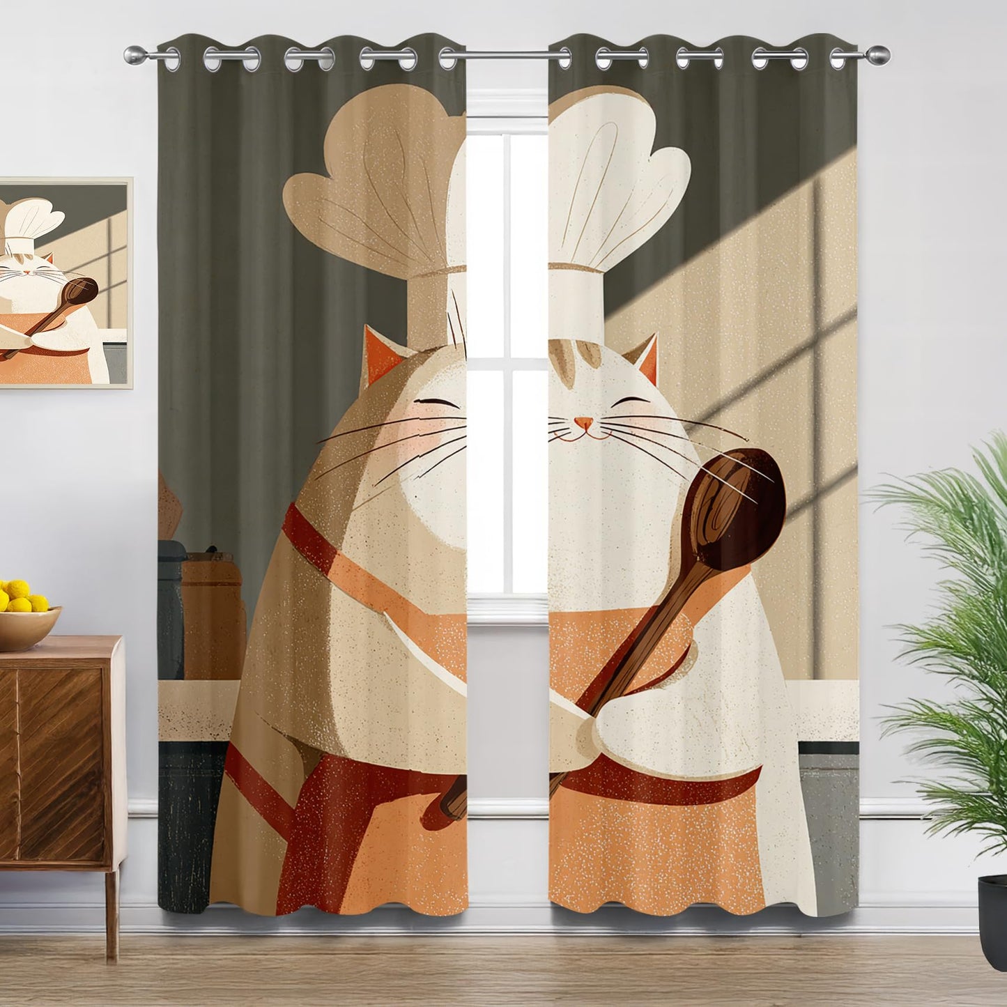 Solvivae Chef Kitchen Curtains Blackout, Room Darkening Thermal Insulated Grommet Drapes for Bedroom Living Room, Chef Cat Patterned Window Treatments, 96 Inch Curtains 2 Panel Set