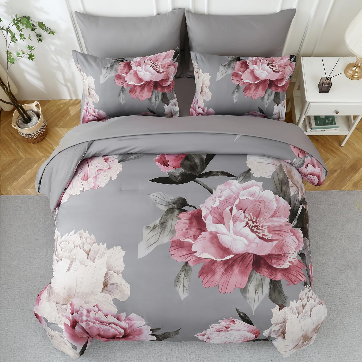 Dobuyly Pink and Grey Comforter Set Queen Size 7 Piece Bed in a Bag, Floral Printed on Gray Comforter Set with Sheets, Soft Microfiber Botanical Complete Bedding Set for All Season