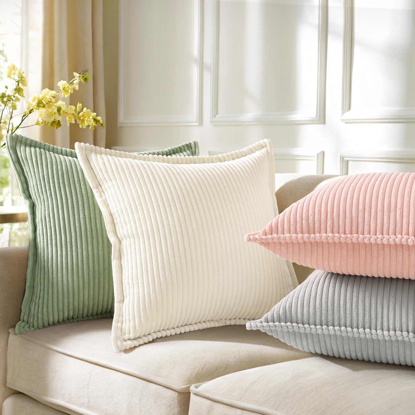 decorUhome Fall Corduroy Sage Green Euro Sham Throw Pillow Covers 22x22 Set of 2 Decorative Soft Boho Farmhouse Couch Pillow Covers for Living Room Bed Sofa Broadside Striped Pillow Cases