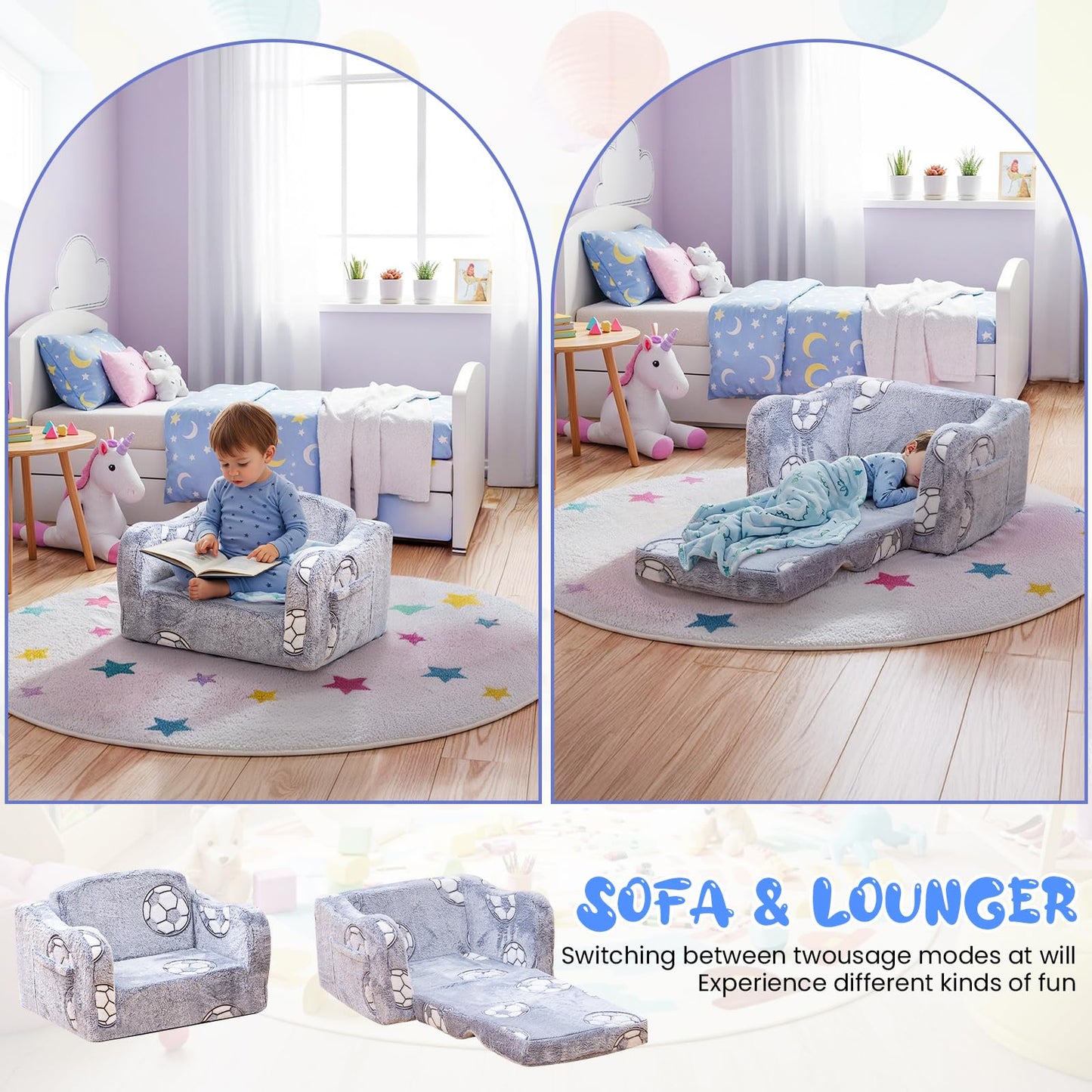 Lamerge 2-in-1 Toddler Couch,Glow in The Dark Baby Floor Bed,Foldable Toddler Chair Kids Sofa for playroom,Convertible Sofa to Lounger for Girls and Boys (Grey and Football)
