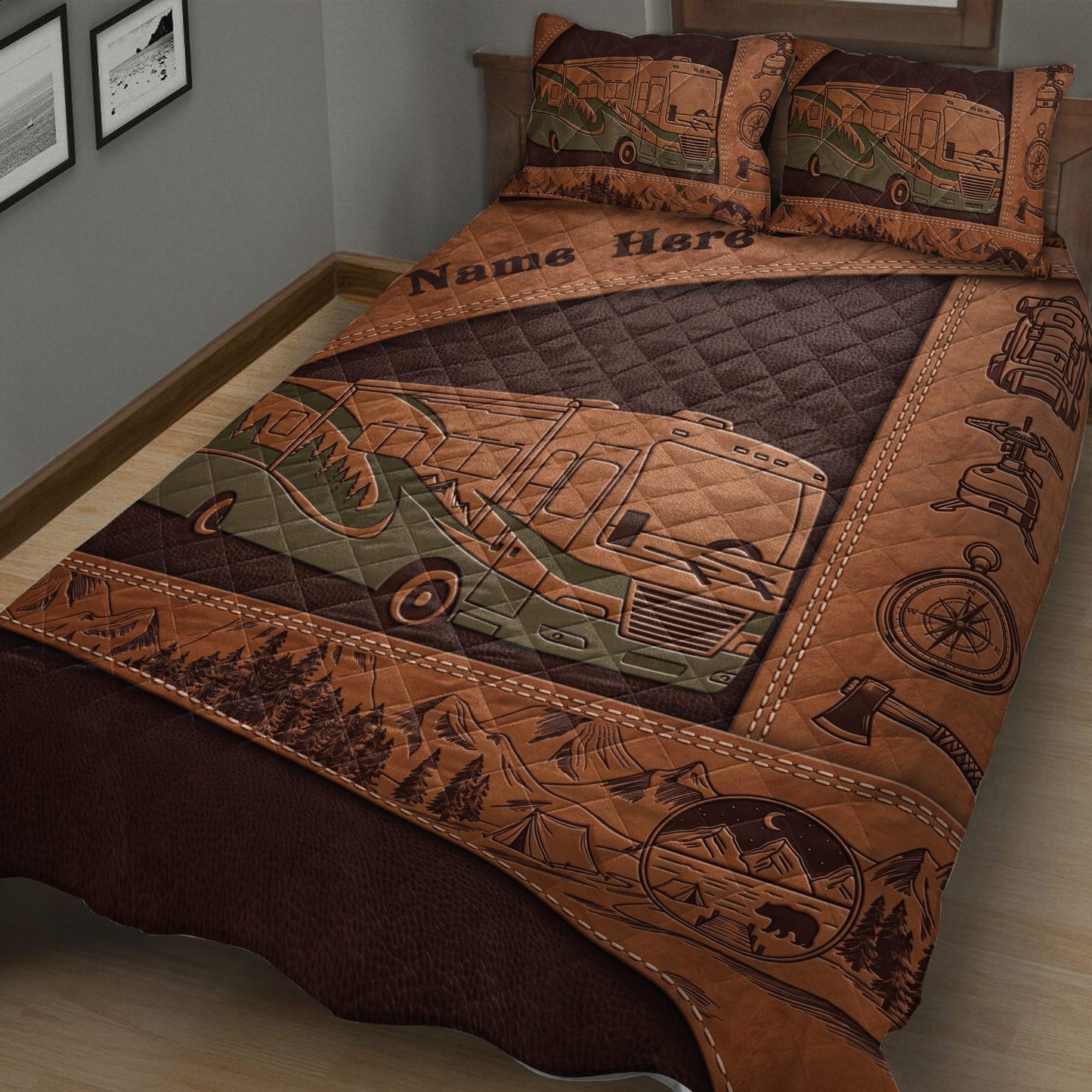 OhaPrints Custom Camping Lover Camper Class A Brown Gift Personalized Name Quilt Blanket & Pillowcases, Quilts Bedding Set & Pillow Cover, King Queen Double Twin Throw Full Size Bedspread Bed Sets