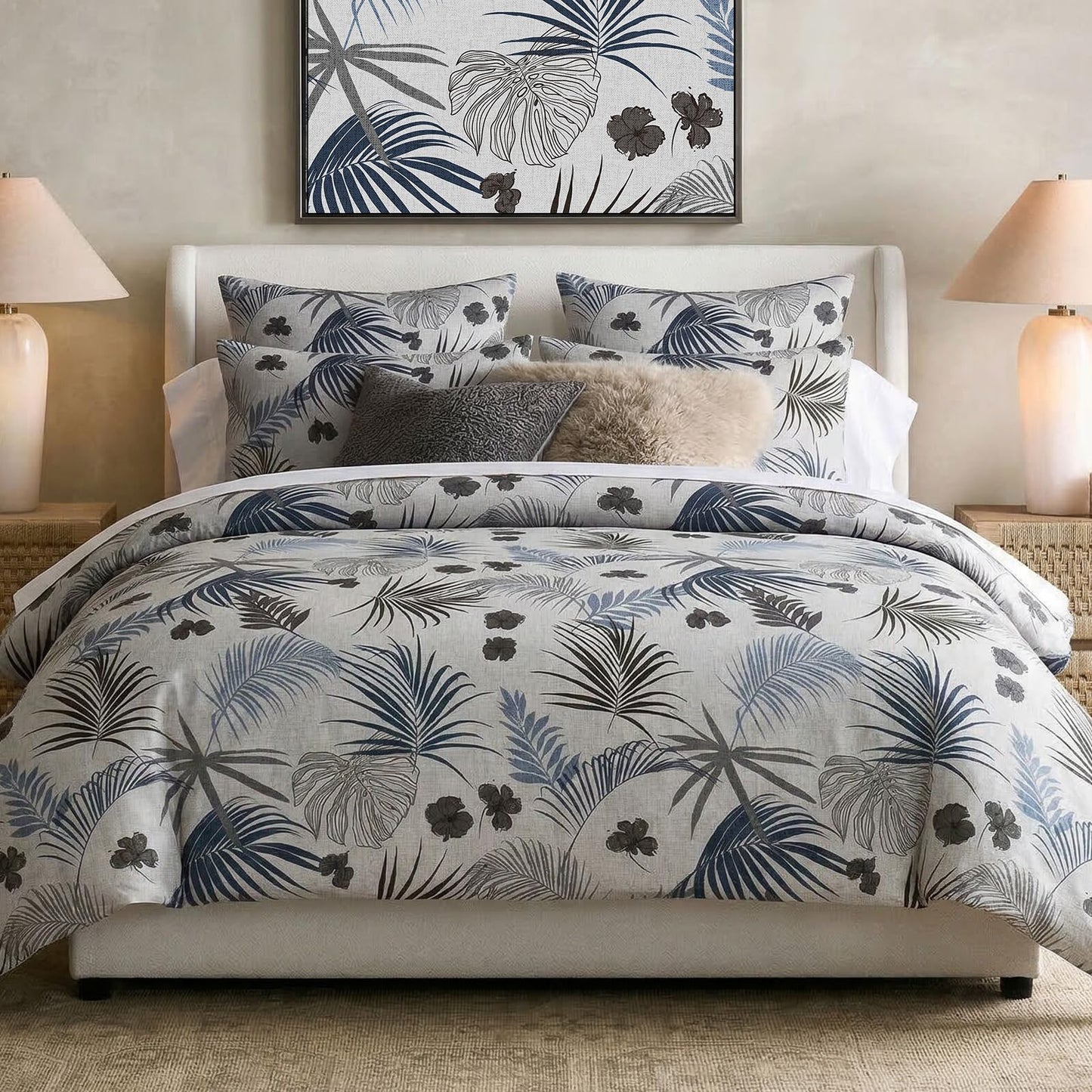 Bedorm 100% Cotton Duvet Cover Set King Vintage Floral Bedding Set Gray Blue Palm Tree Leaf Botanical Print Soft & Durable Duvet Cover with Zipper Closure