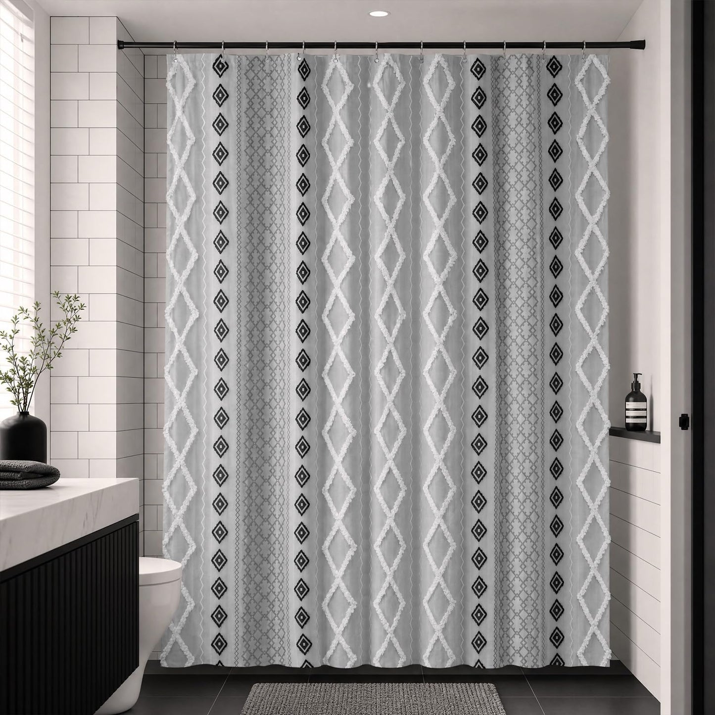 Accnicc Boho Fabric Shower Curtain with Metal Hooks, 3D Tufted Striped Modern Farmhouse Grey White Cloth Shower Curtains for Bathroom, Minimalist Geometric Textured Bath Curtain Decor 72 x 72 Inch